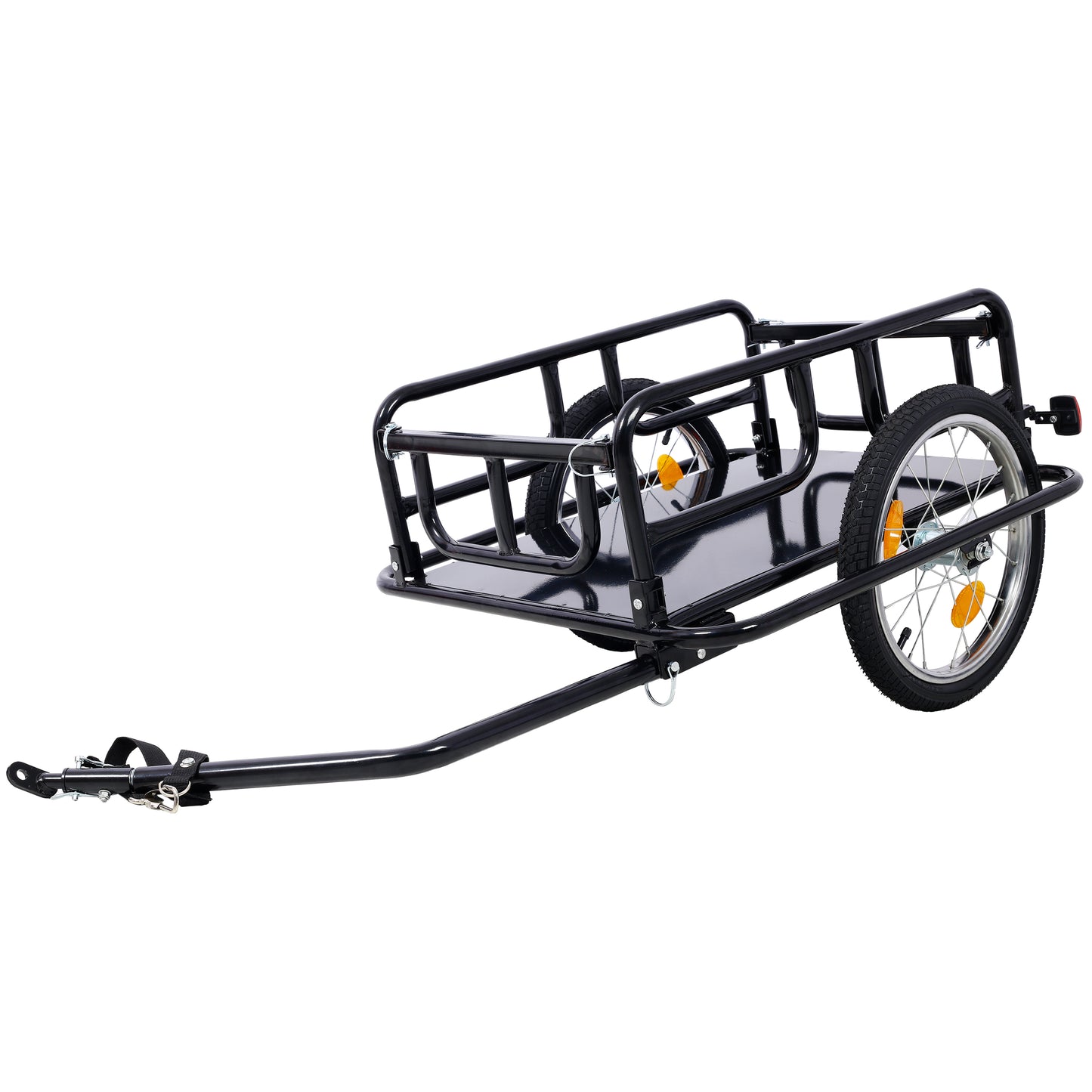 Black metal cargo bicycle trailer with two wheels and a tow hitch