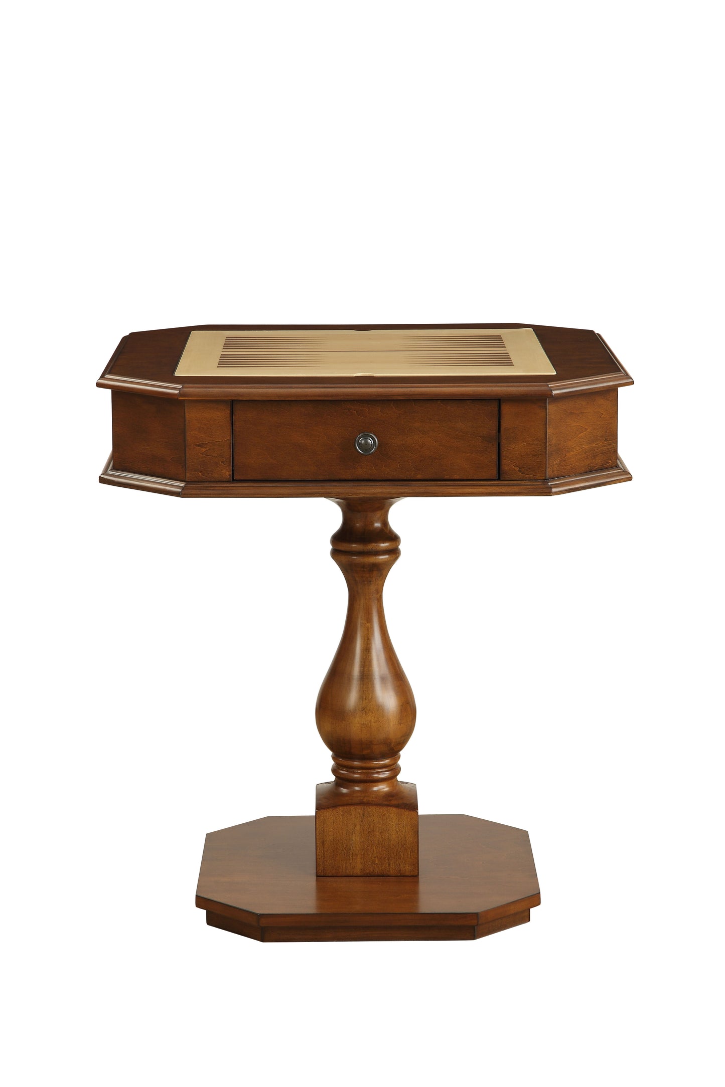 Dark wood octagon game table with backgammon inlay and single drawer