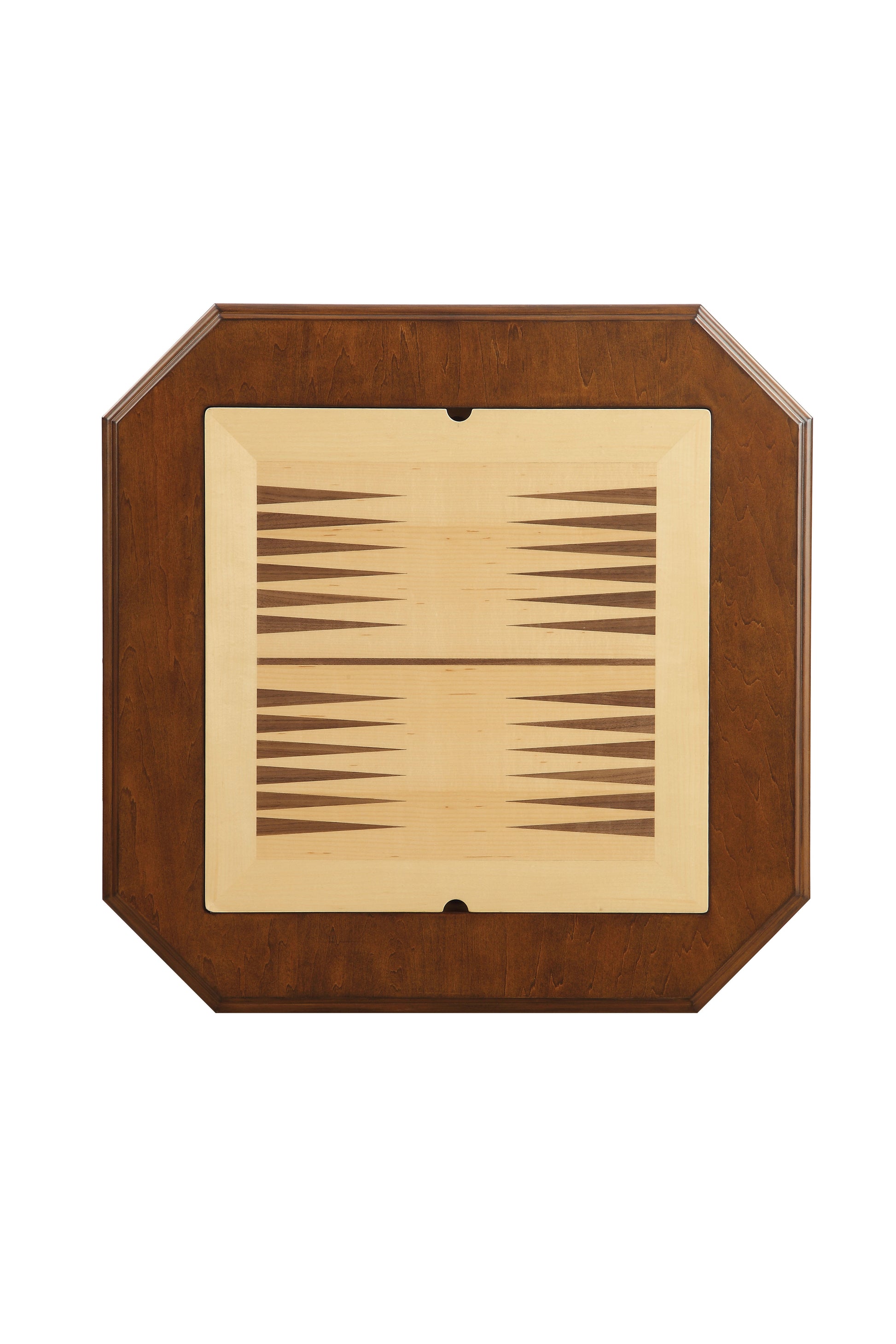Wooden backgammon board with alternating dark and light points in octagonal frame