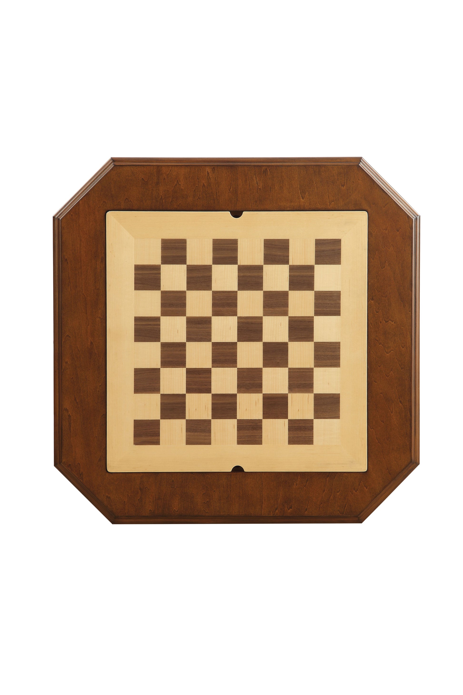 Elegant octagonal wooden chess board with classic maple and walnut squares perfect for strategic gameplay
