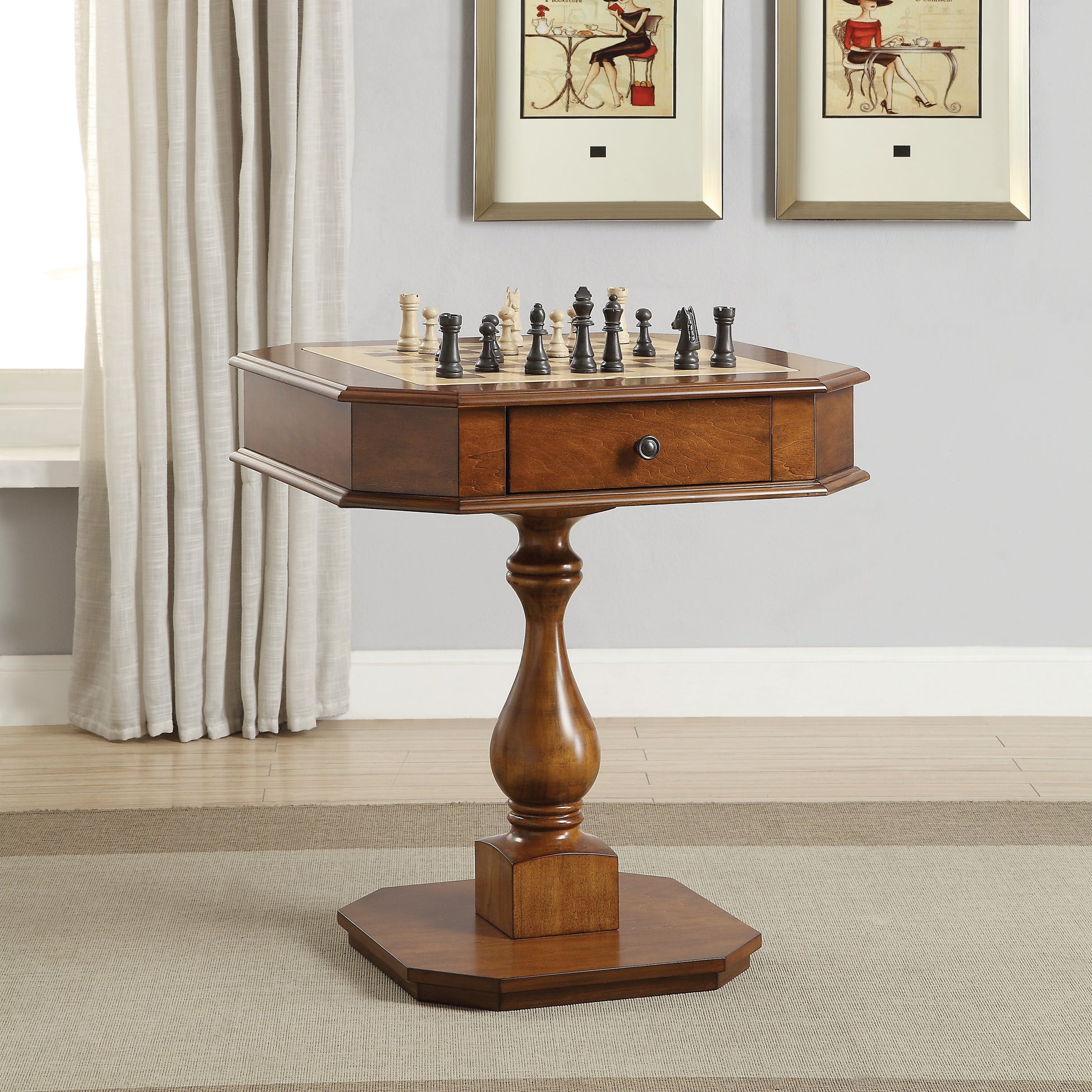 Luxury wooden chess table with drawer and intricately carved pedestal base