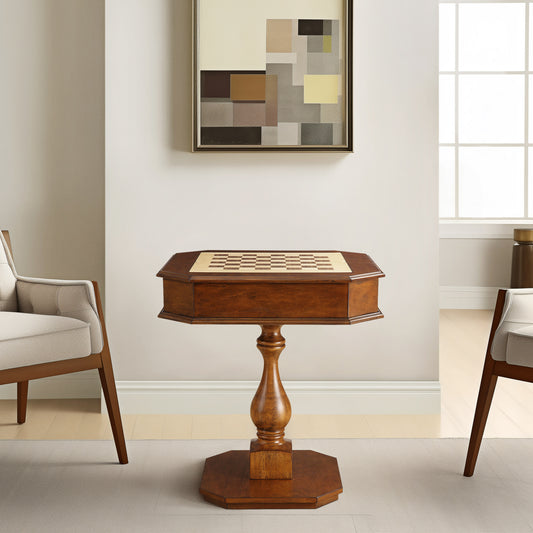 Classic wooden octagonal side table with integrated chess board and storage