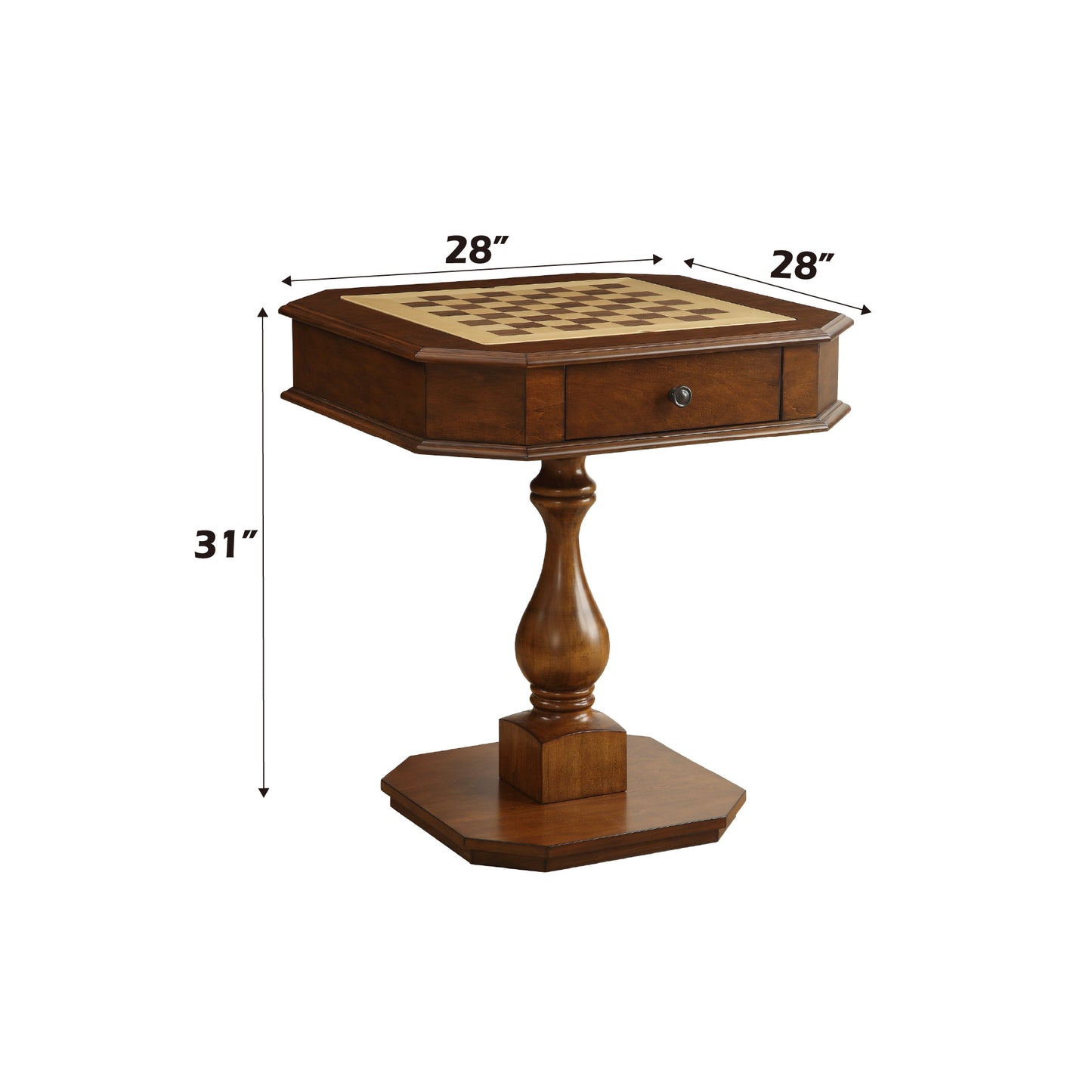 Wooden chess accent table with inlaid board octagonal top and single drawer