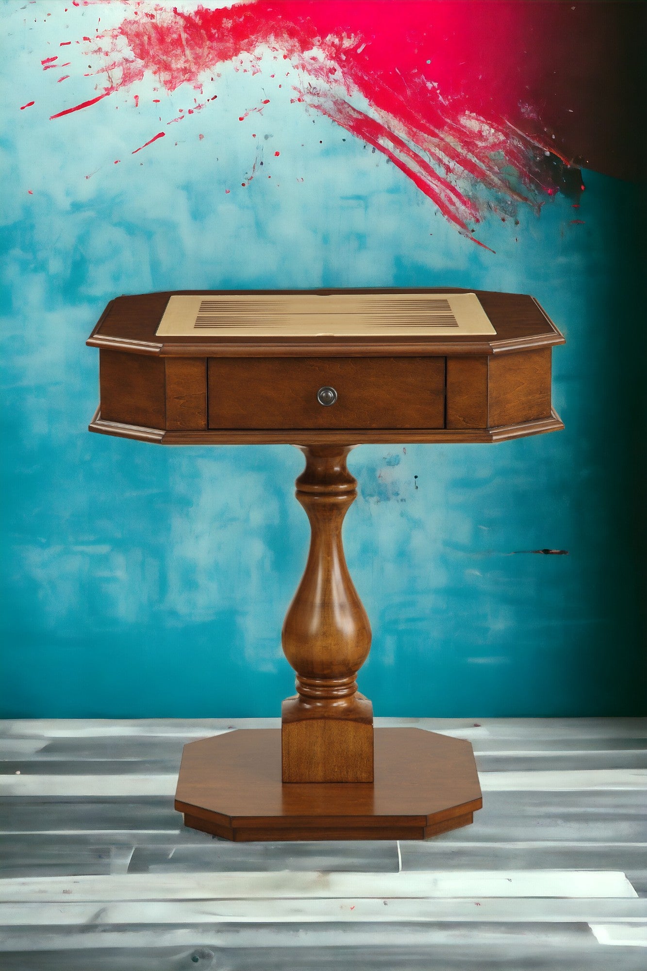 Octagonal wooden game table with inlaid backgammon board and single drawer