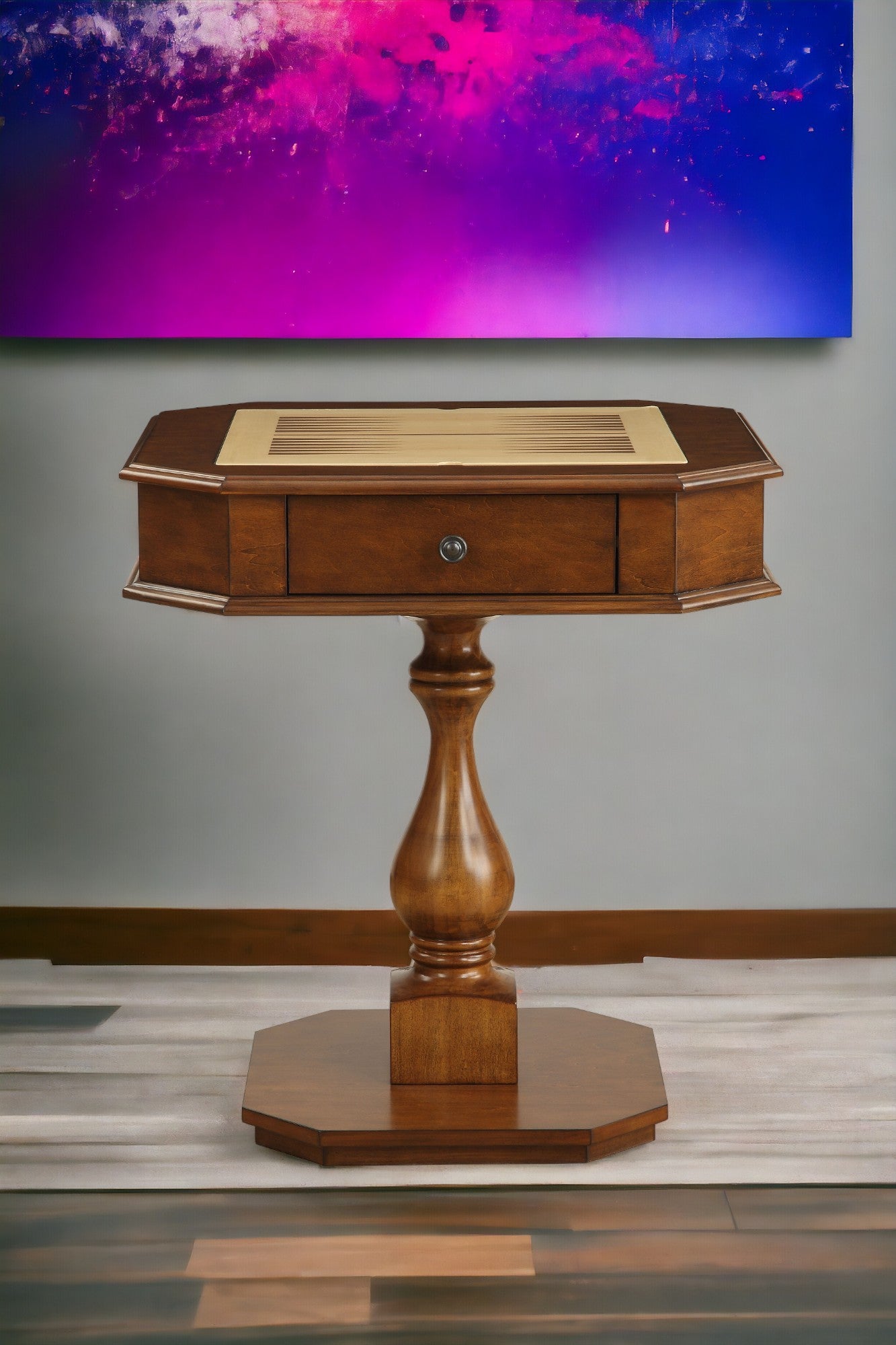 Octagonal wood end table with inlaid backgammon board and single drawer