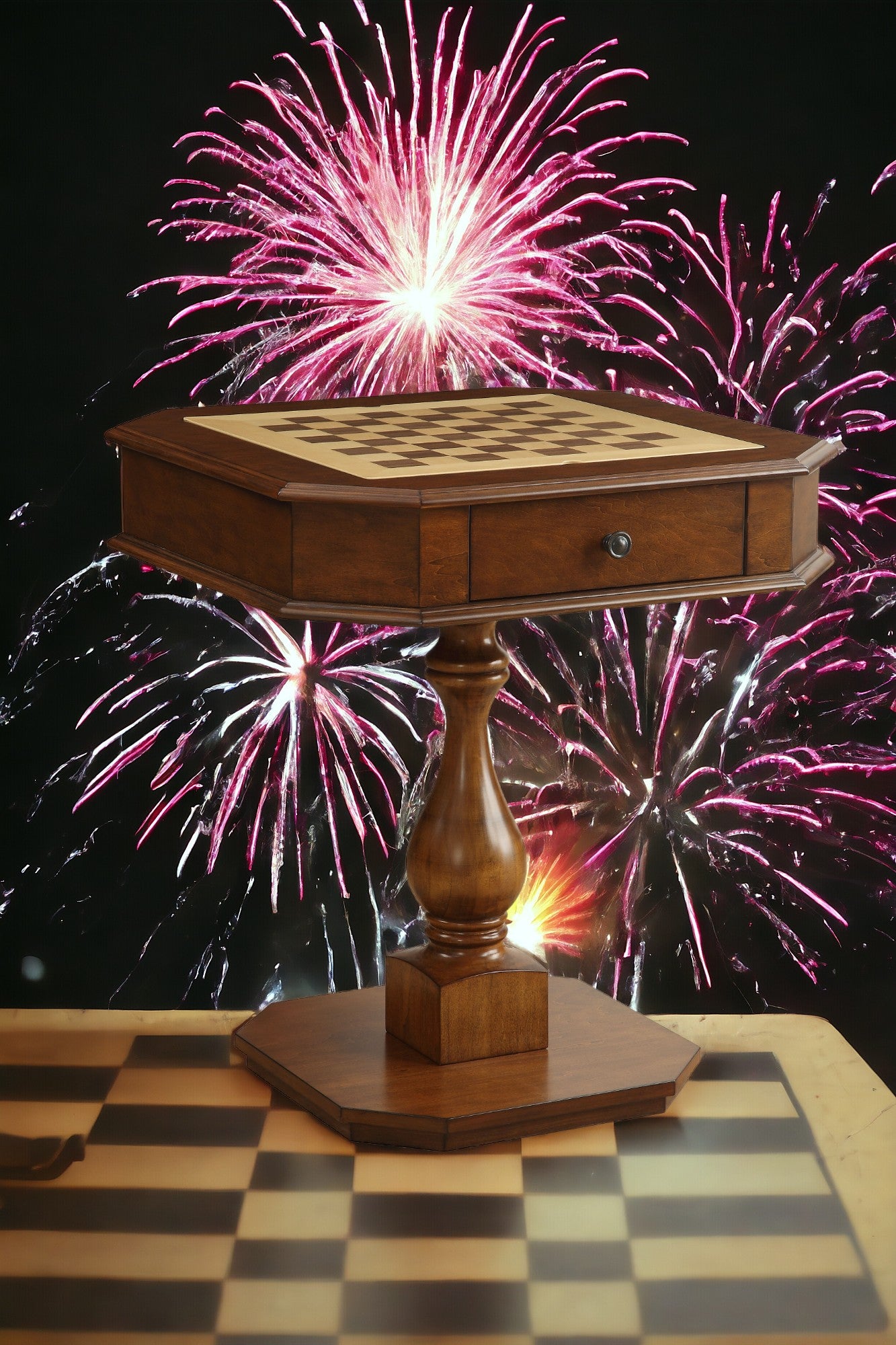 Octagonal wood chess table with a single drawer featuring a light wood playing surface