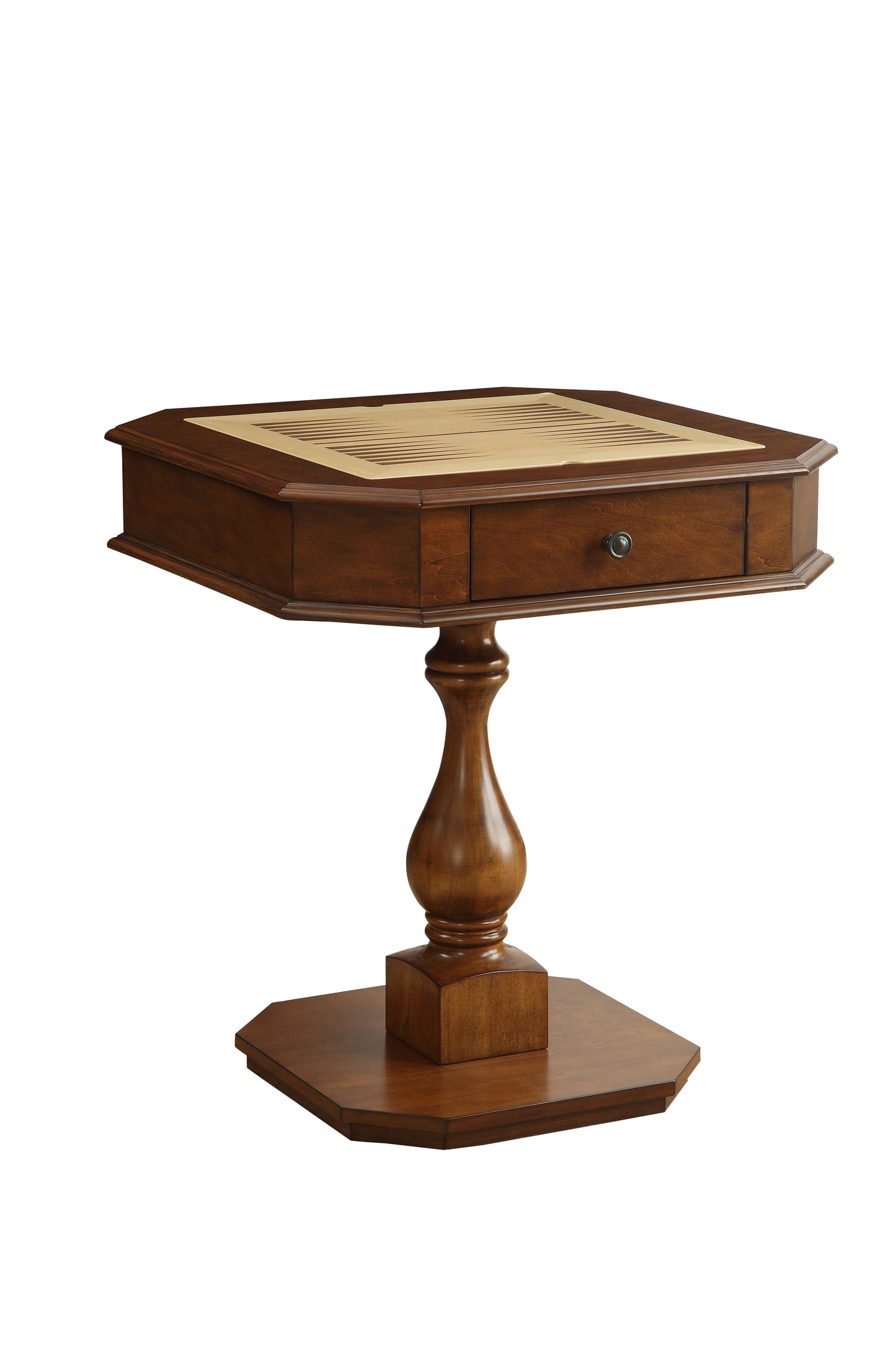 Octagonal wooden accent table with integrated backgammon board and single drawer