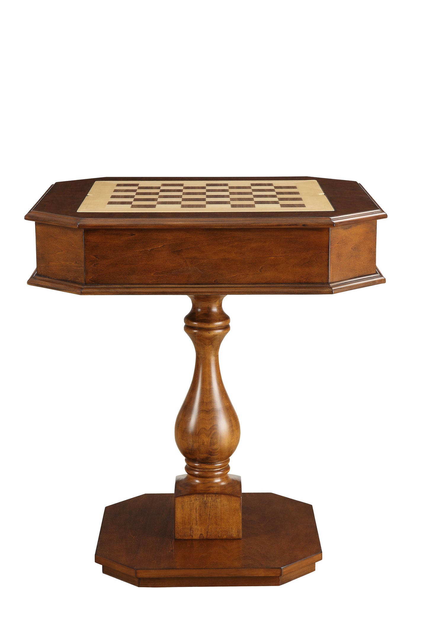 Ornate wooden octagonal chess table with inlaid board and carved pedestal base