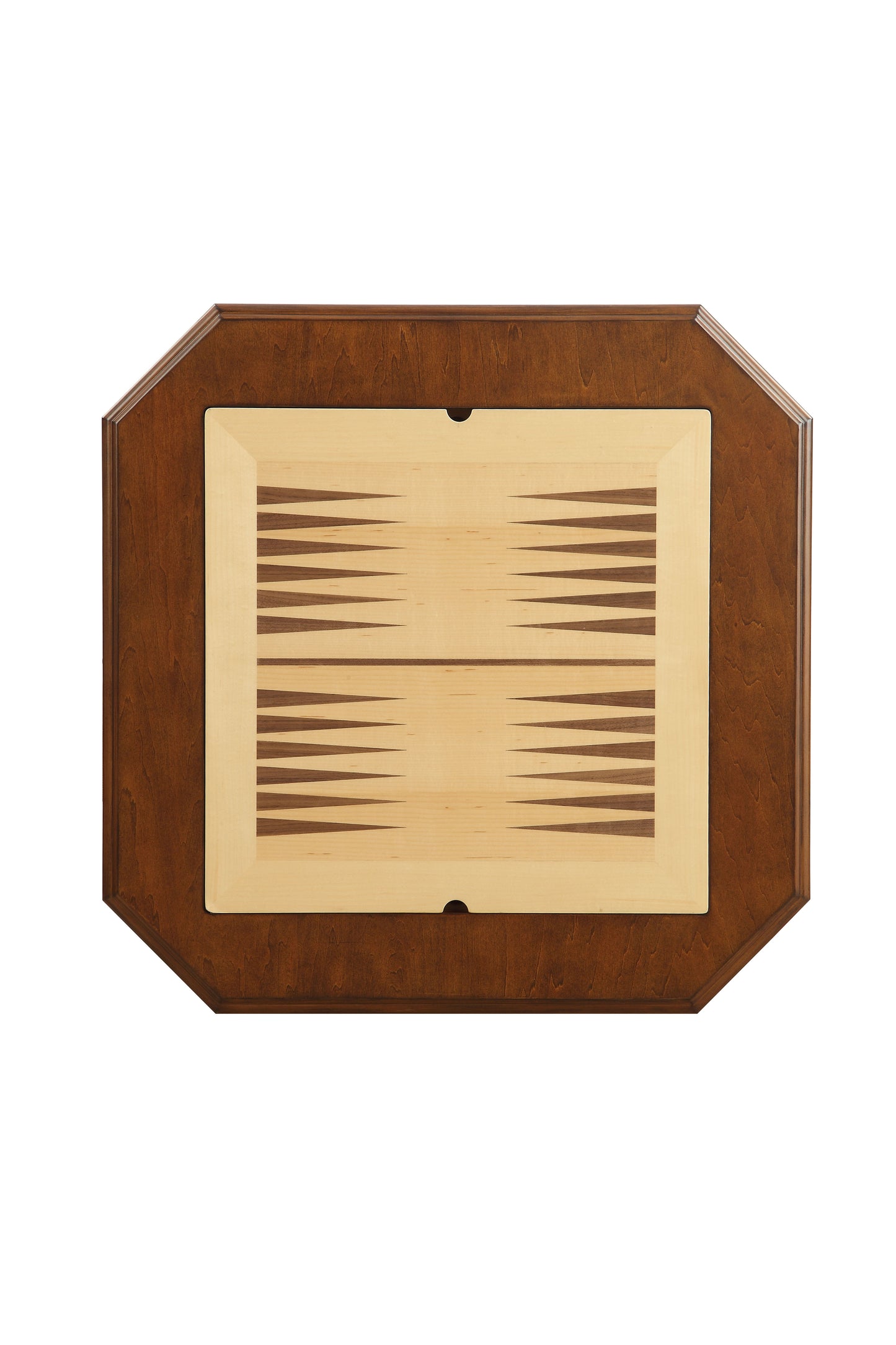 Wooden backgammon board with light wood points and dark wood border