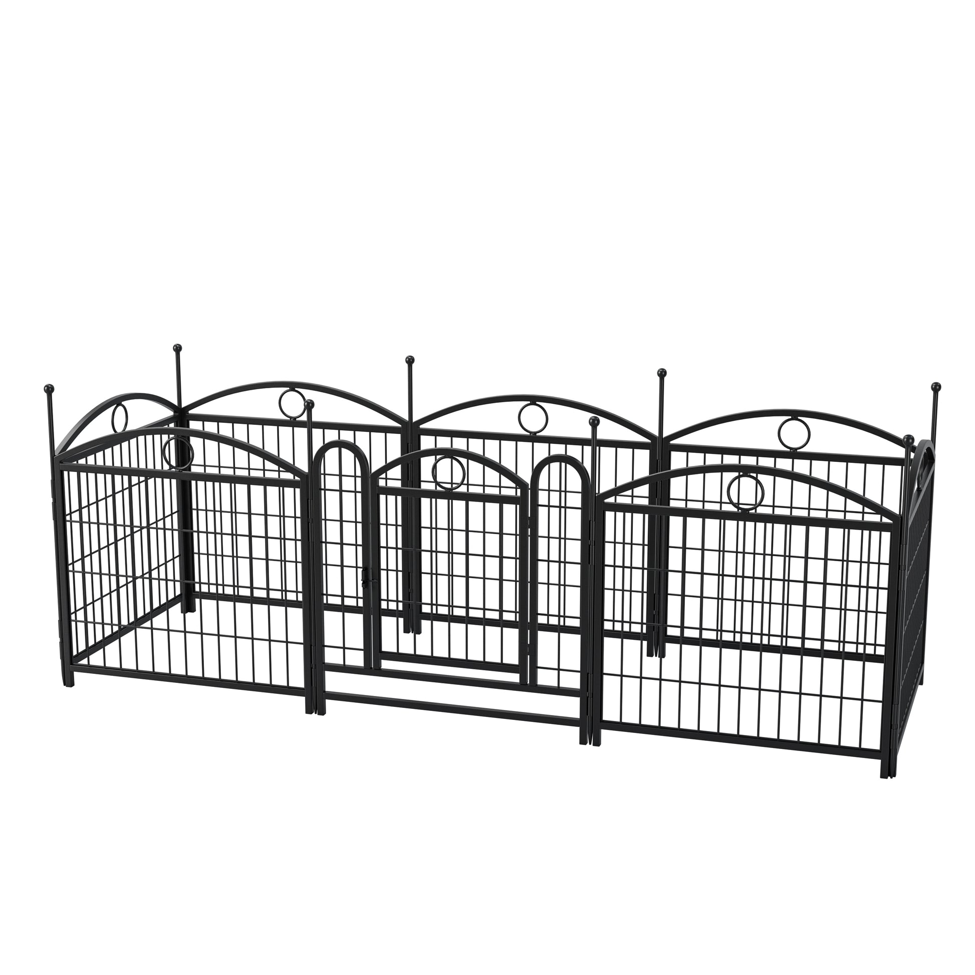 Black metal dog playpen with arched decorative tops and multiple gates for pets