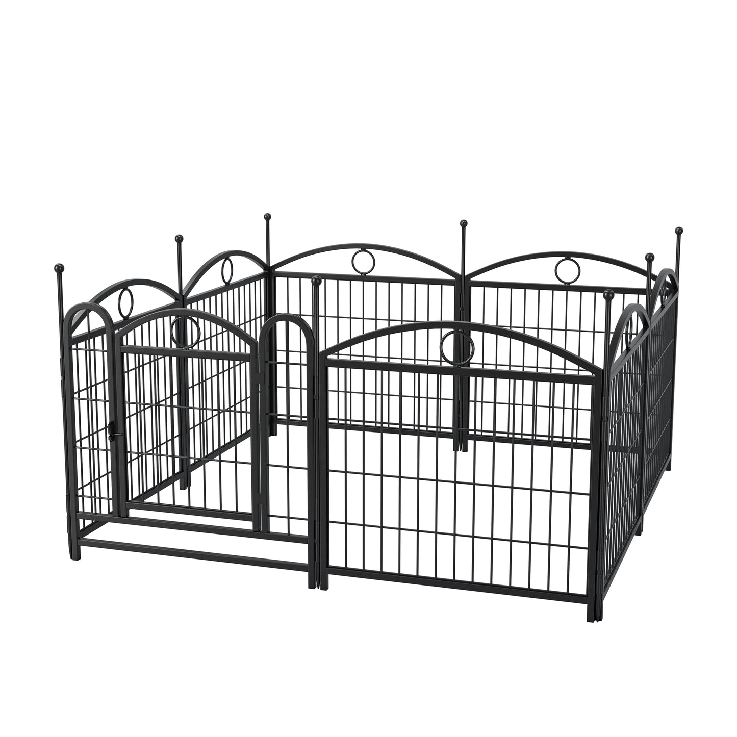 Black metal dog playpen with arched top details and double gate for easy access