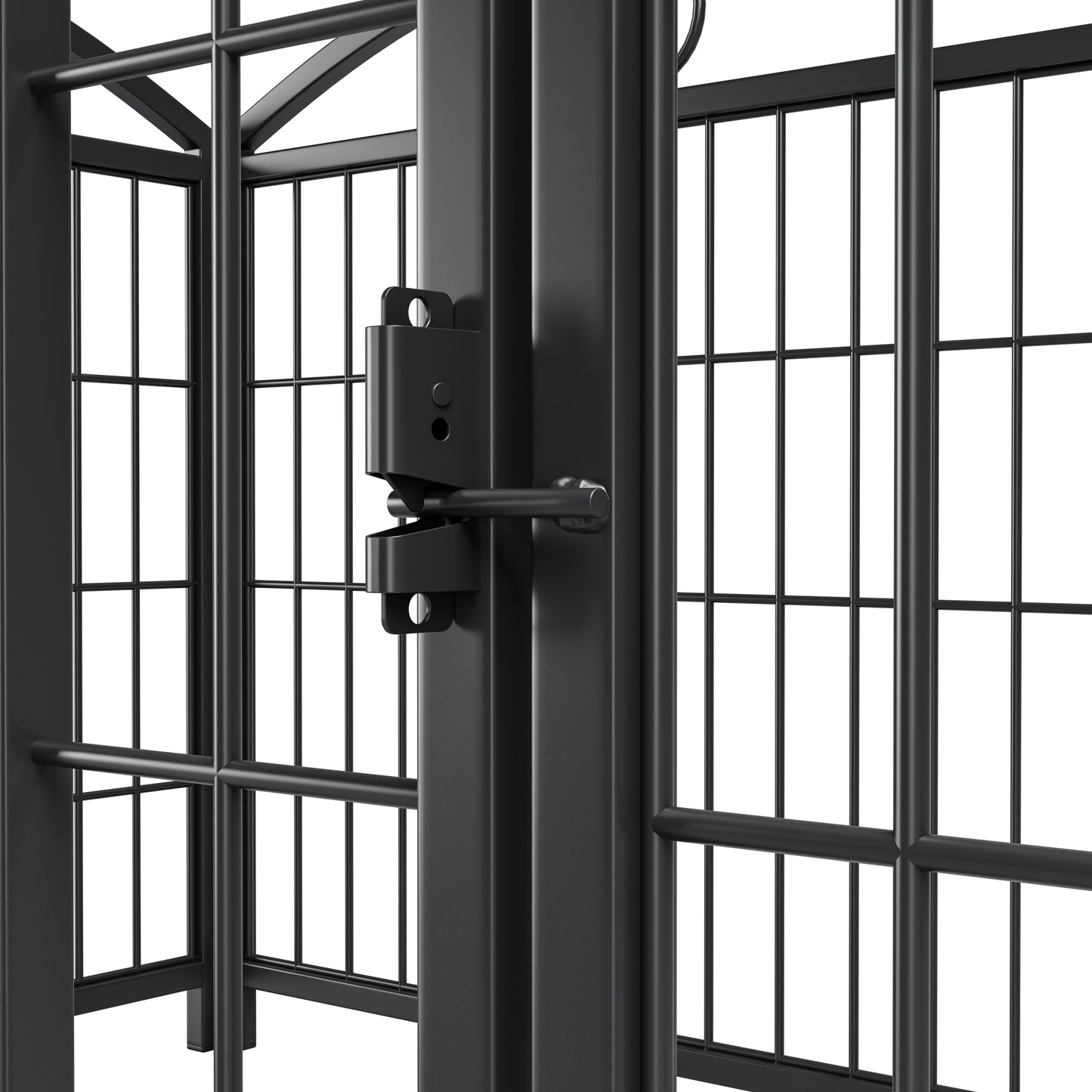 Black metal dog kennel panel with secure latch detail