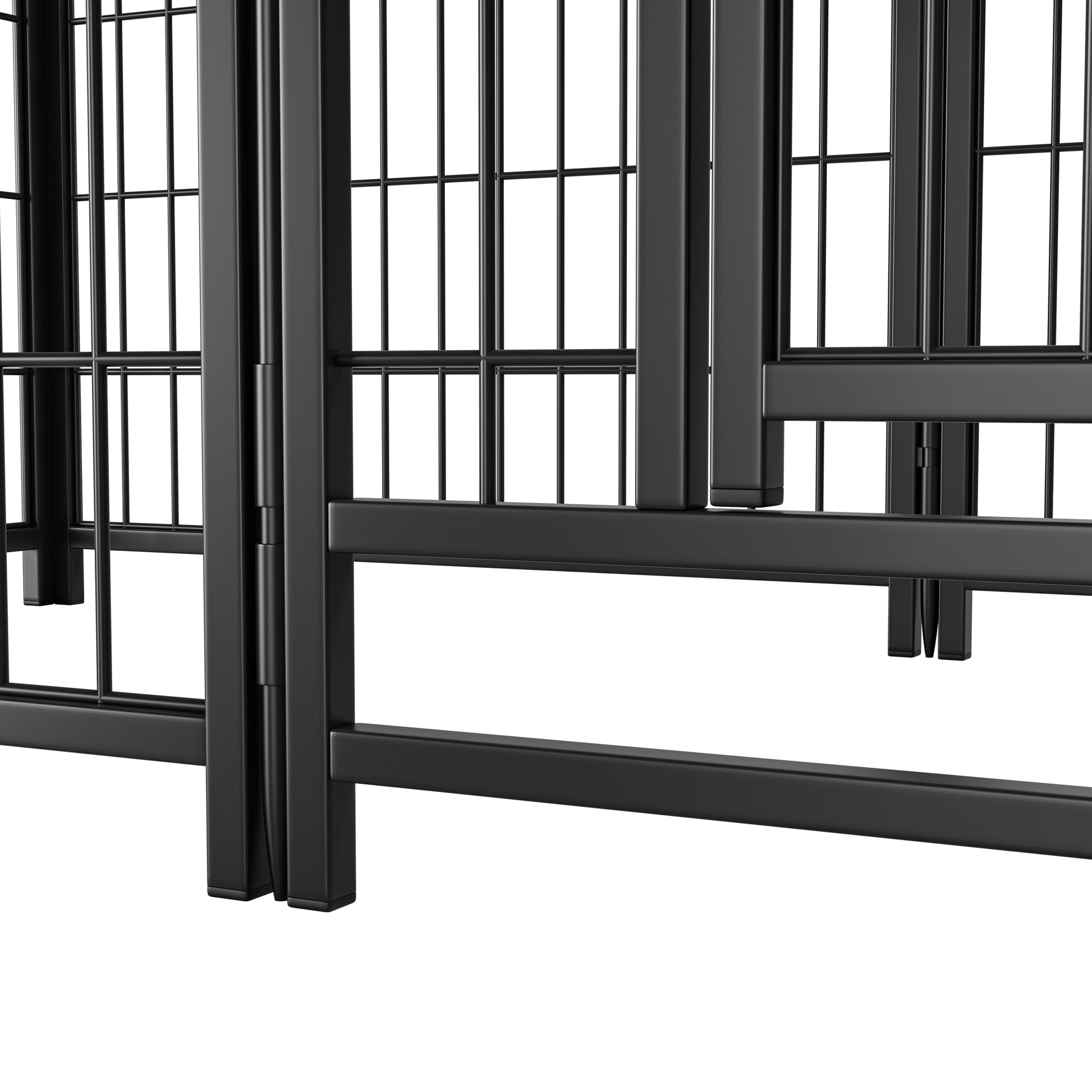 Black metal dog crate panel with vertical bars and a hinged section