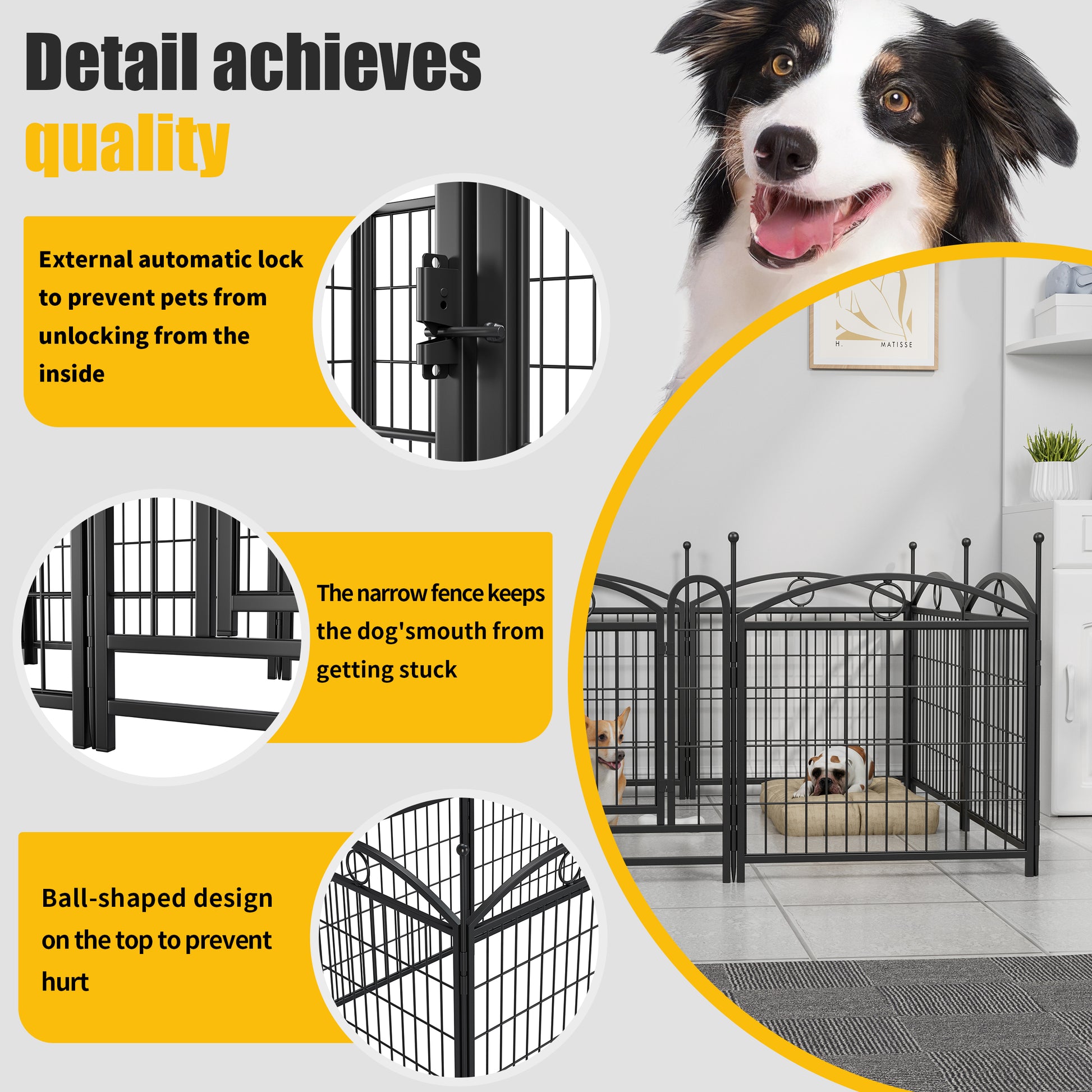 Black metal dog pen with automatic lock suitable for indoor use