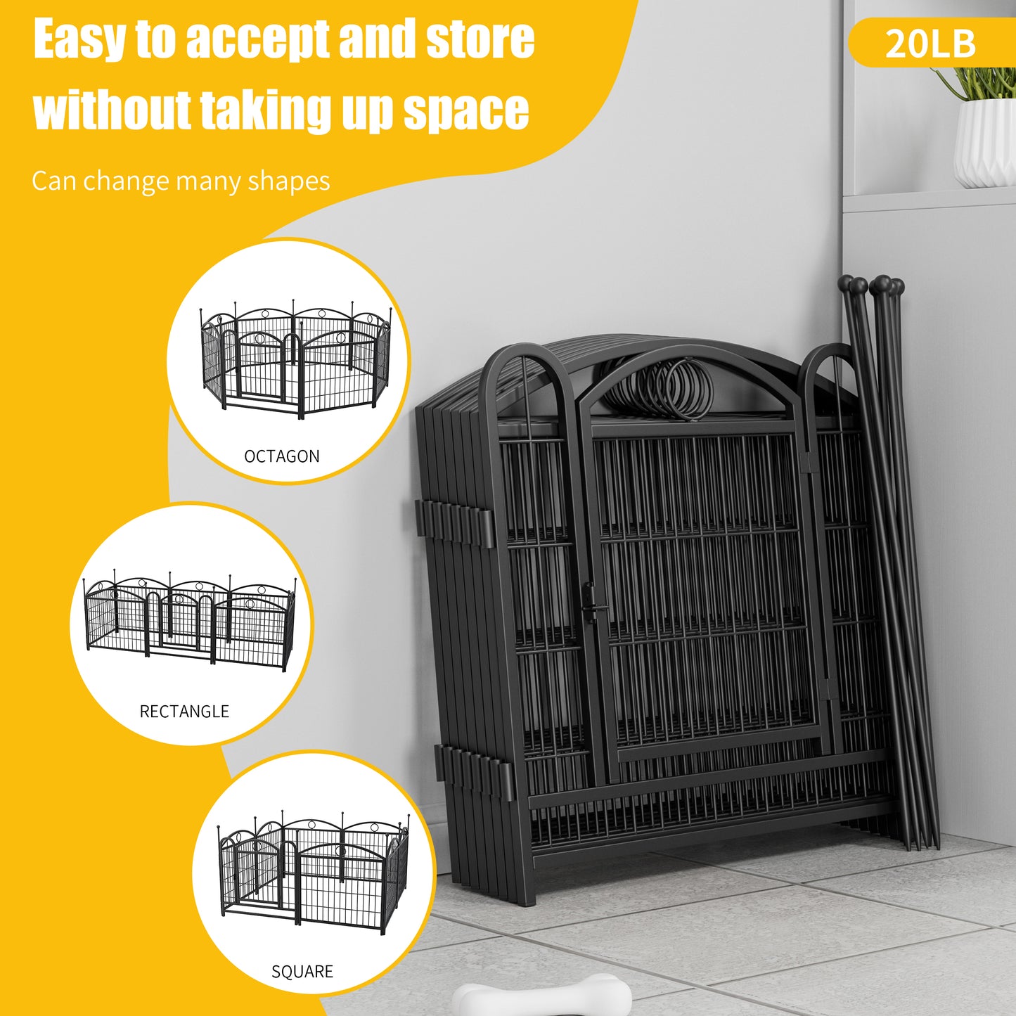 Black metal dog fence panels folded compactly for easy storage and transport