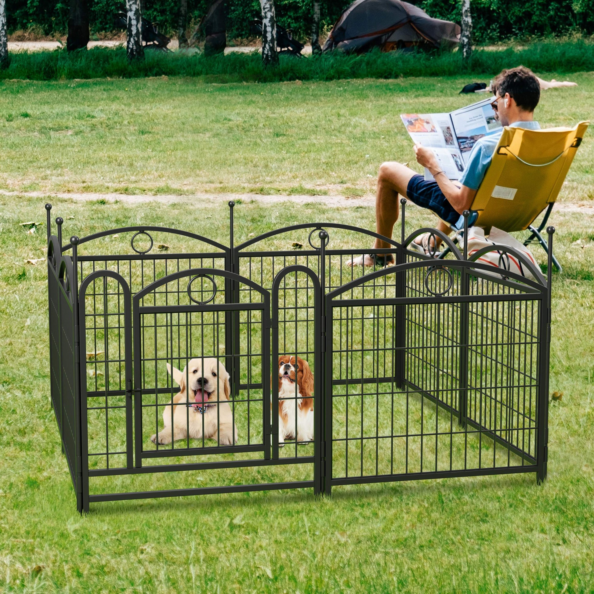 Black metal outdoor dog kennel with two playful puppies suitable for yard use