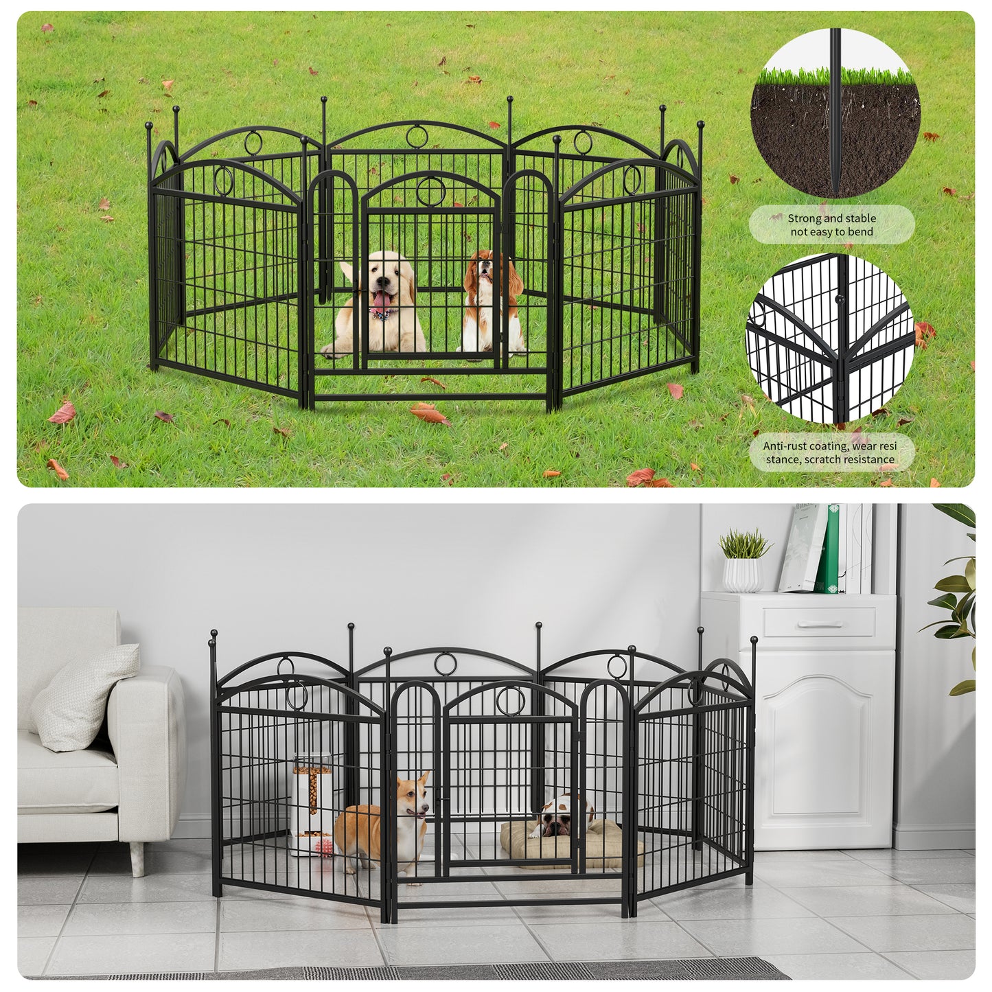 Black metal dog playpen with decorative arches perfect for indoor or outdoor use