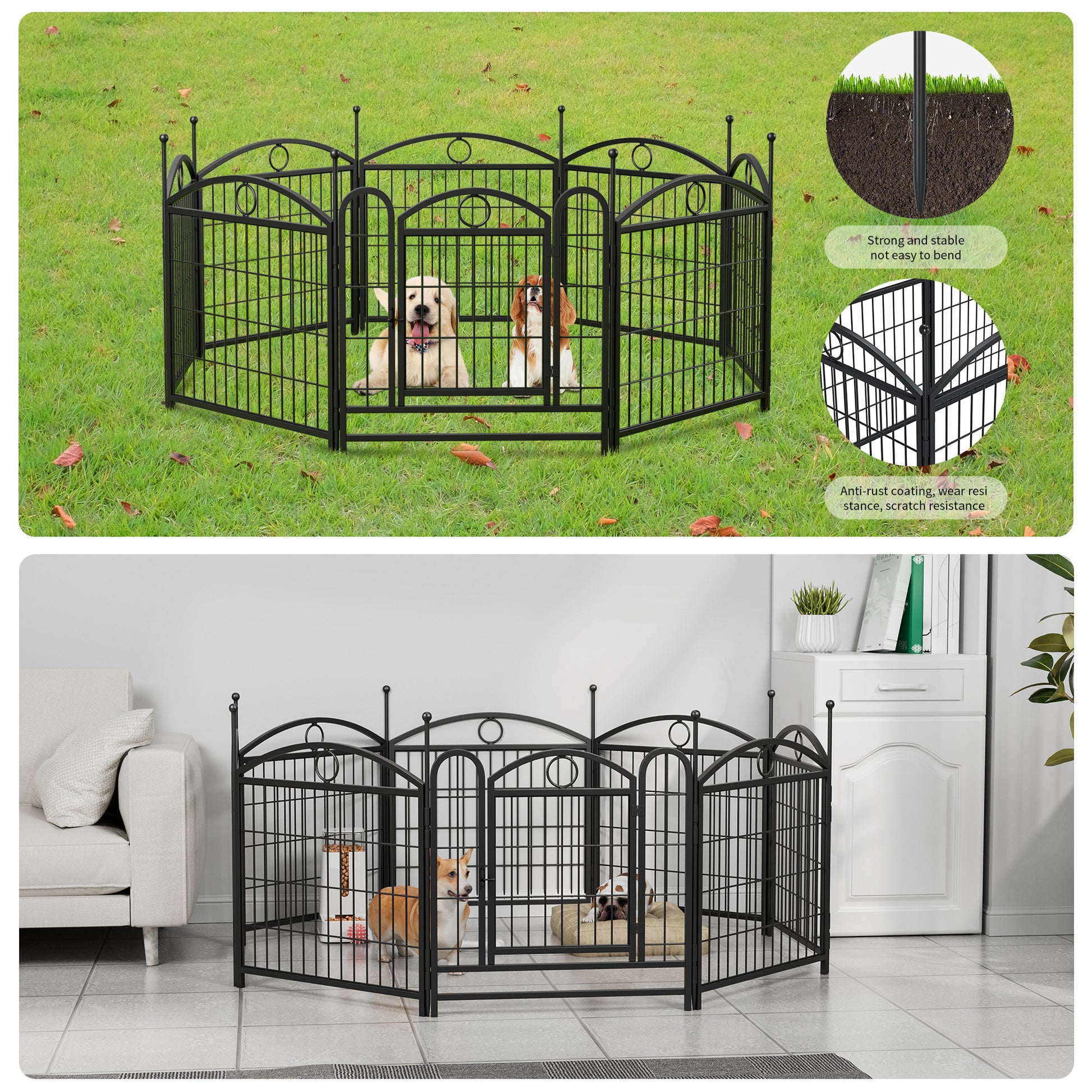 Black metal dog playpen with decorative arches perfect for indoor or outdoor use