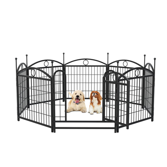 Black metal dog pen with decorative scrollwork ideal for puppies and small dogs