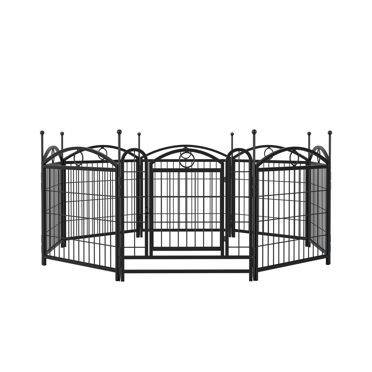 Black metal dog playpen with decorative finials and arched panels