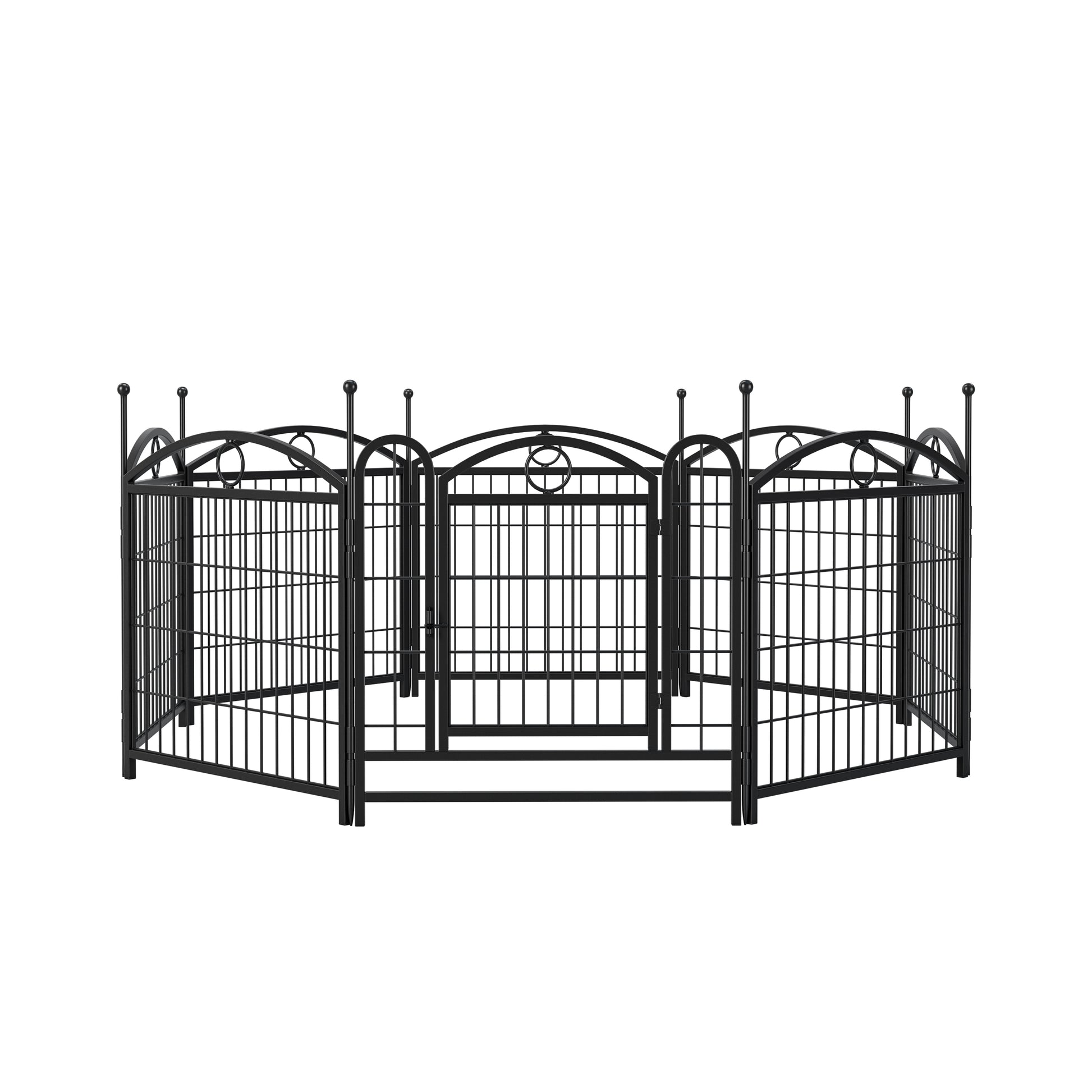 Black metal dog playpen with decorative finials and arched panels