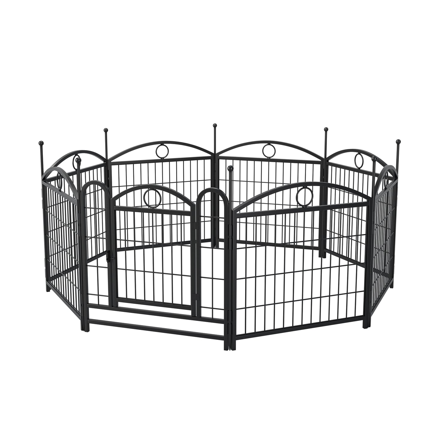 Black metal dog playpen with arched top and decorative circles