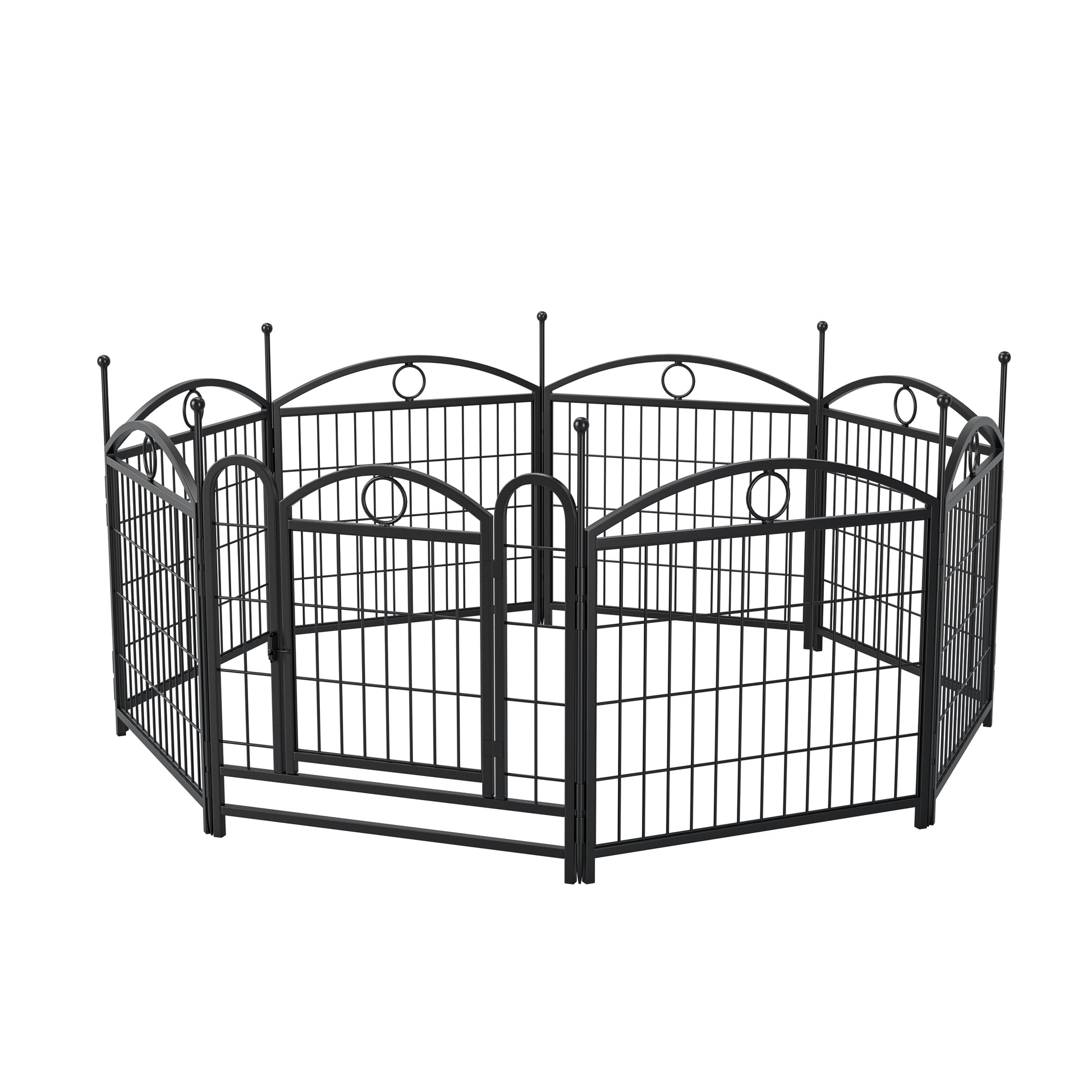 Black metal dog playpen with arched top and decorative circles