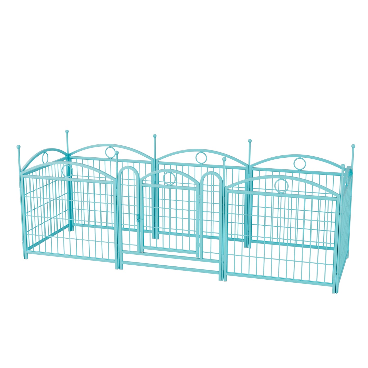 Turquoise metal playpen for puppies with decorative arch and circle accents