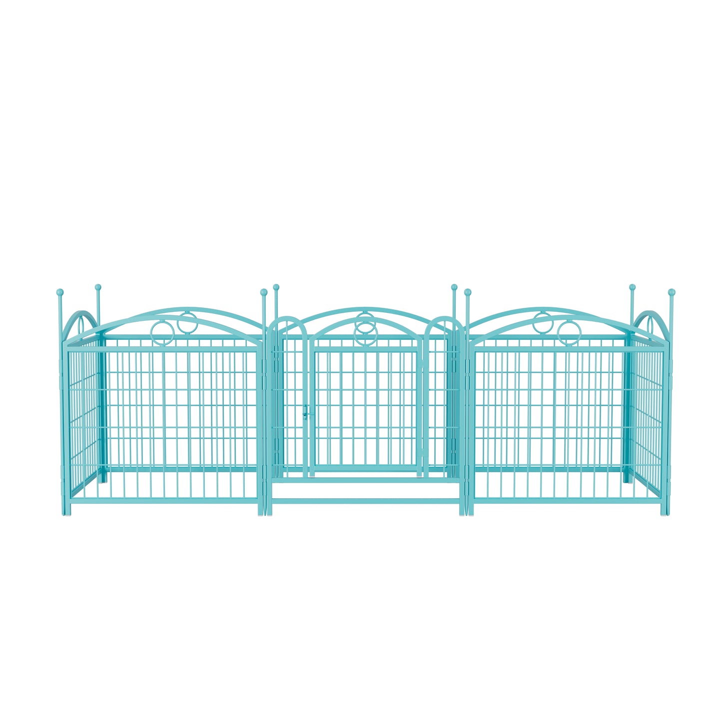 Light blue wrought iron pet kennel with three sections and a central gate