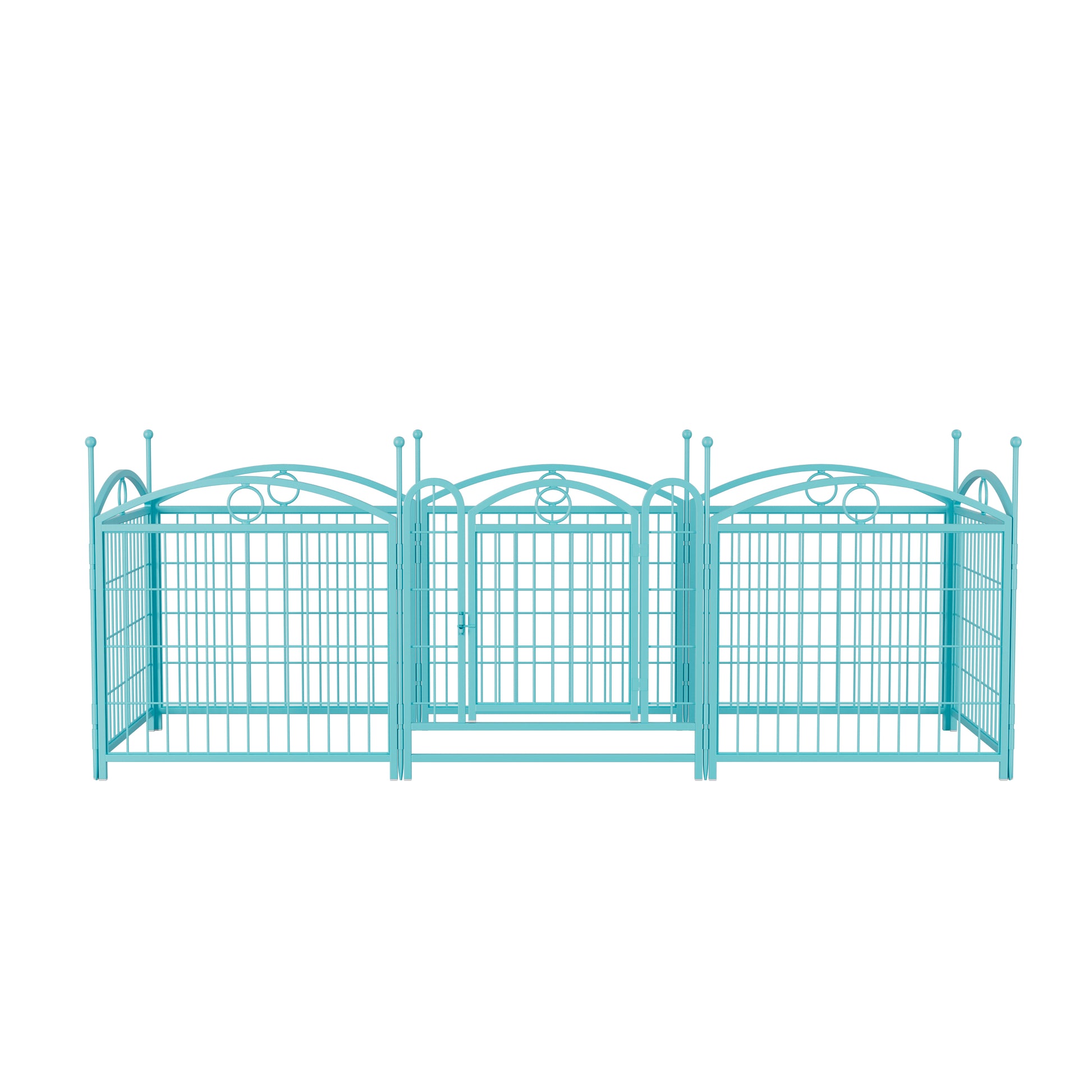 Light blue wrought iron pet kennel with three sections and a central gate