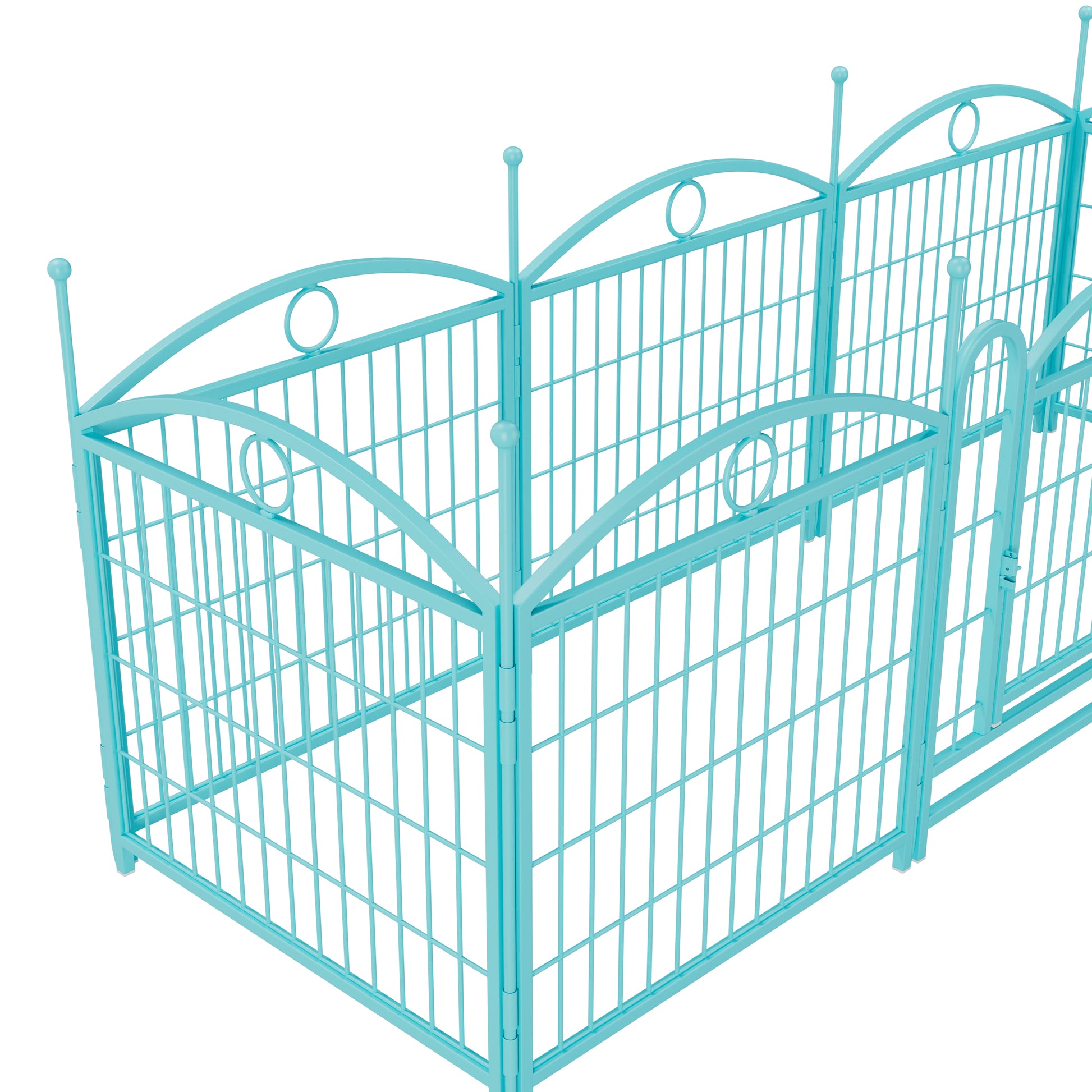 Aqua metal pet playpen with decorative scrolls and finial tops