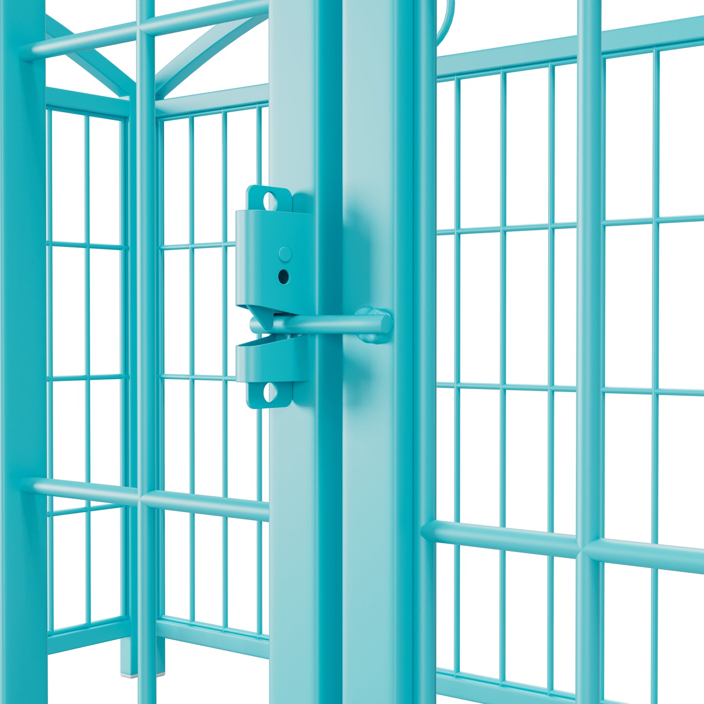 Turquoise metal security gate with a latch mechanism ideal for pet containment