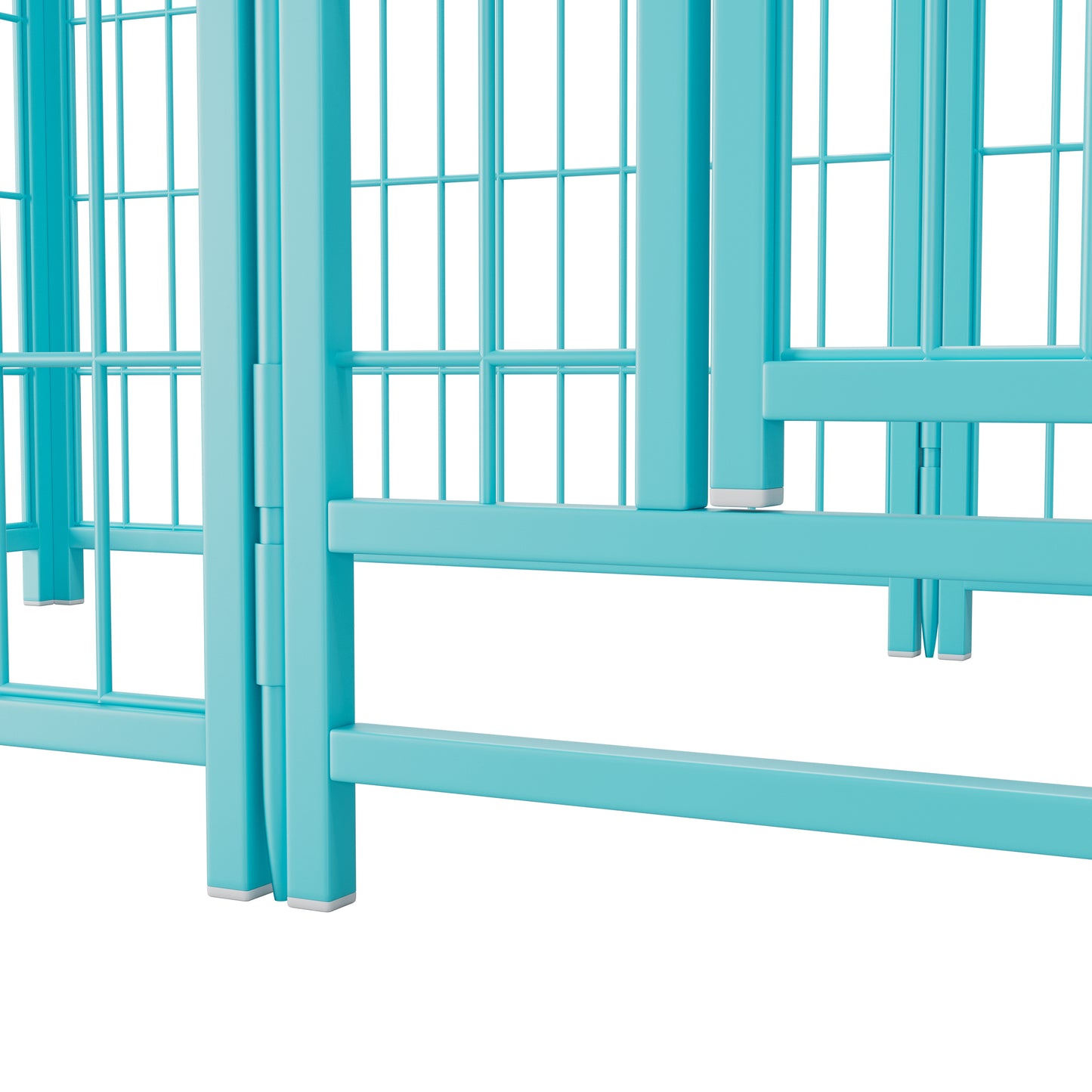 Turquoise metal baby crib frame with vertical and horizontal bars