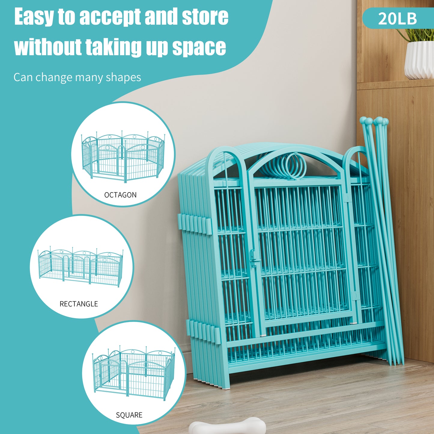 Teal metal dog playpen configured as an octagon with intricate scrolling details