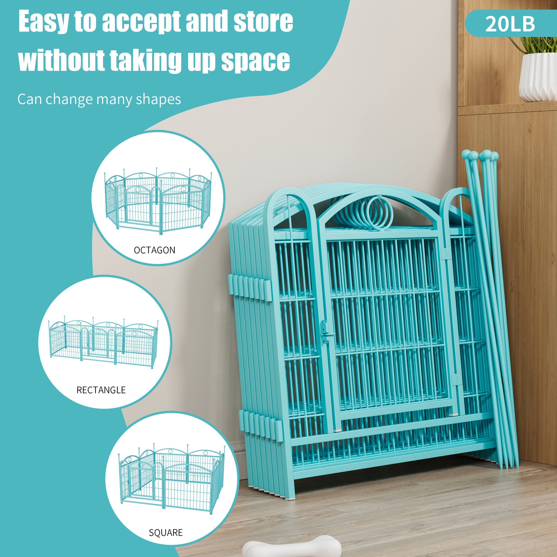 Teal metal dog playpen configured as an octagon with intricate scrolling details