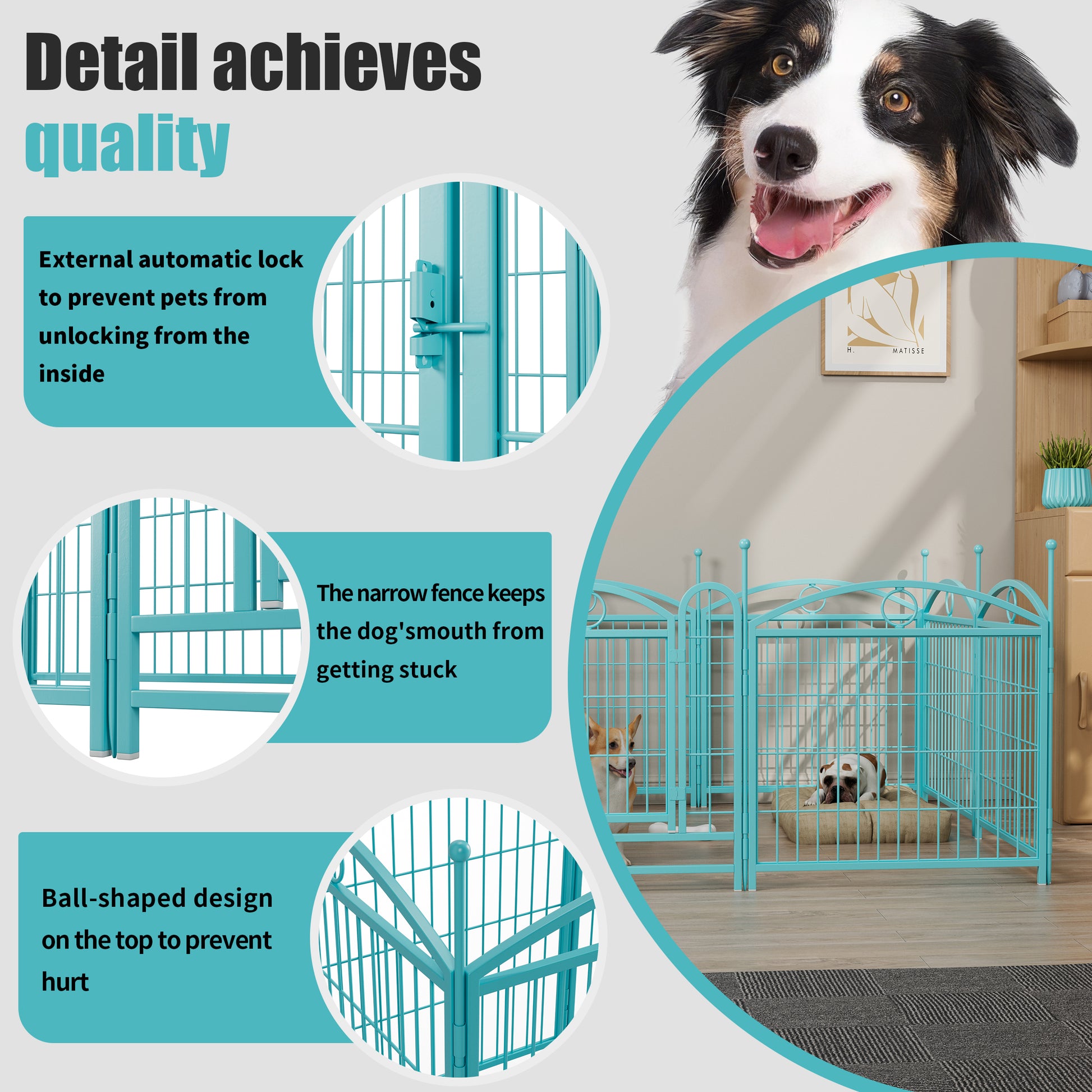 Turquoise metal dog playpen with external automatic lock and ballshaped top