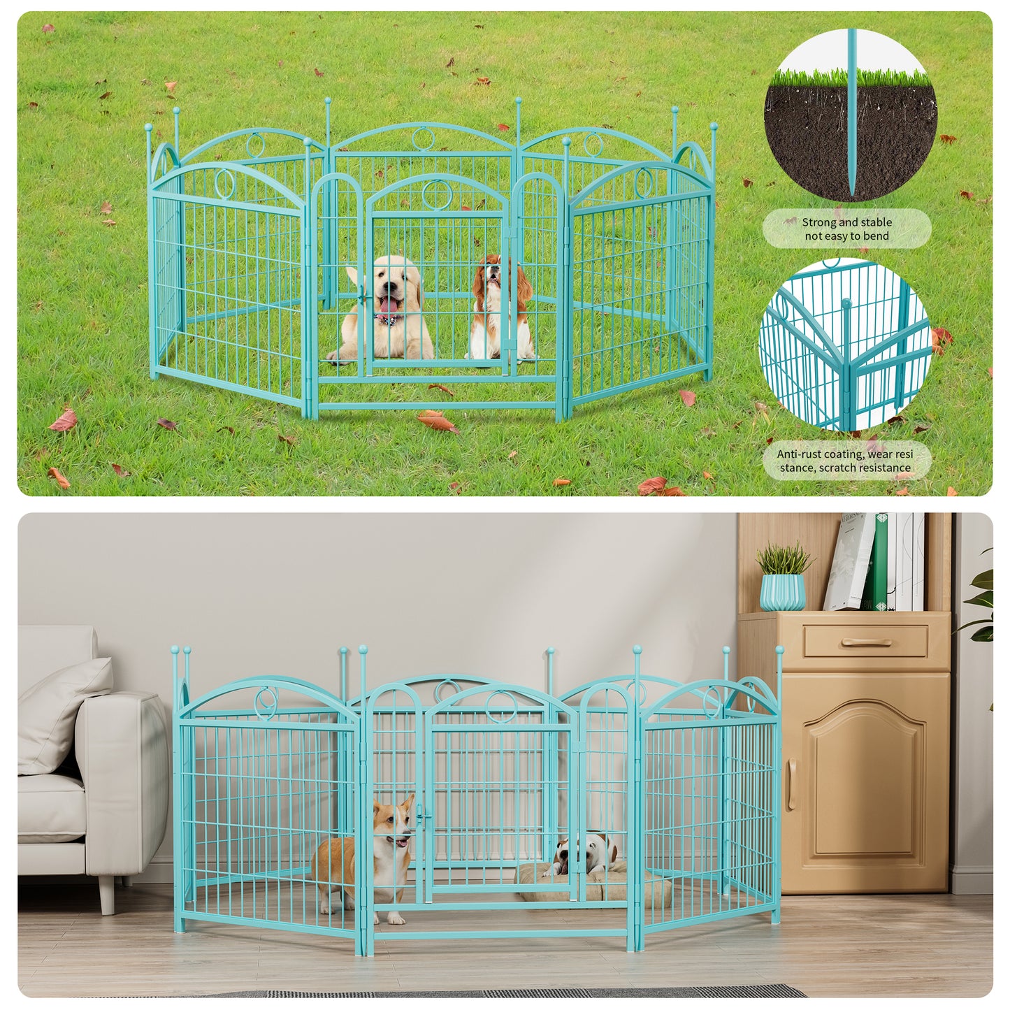 Turquoise metal dog playpen with two dogs in a grassy yard