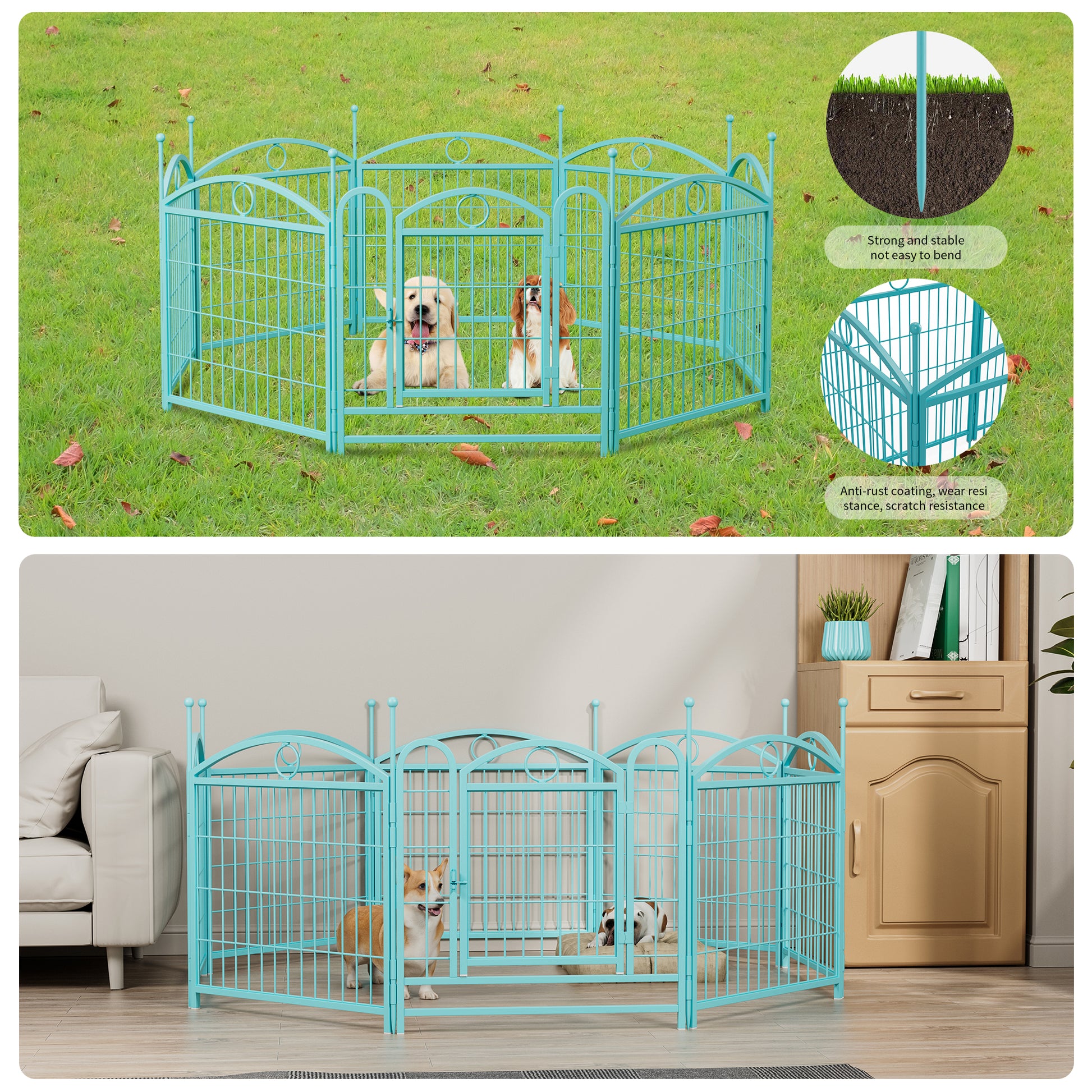 Turquoise metal dog playpen with two dogs in a grassy yard