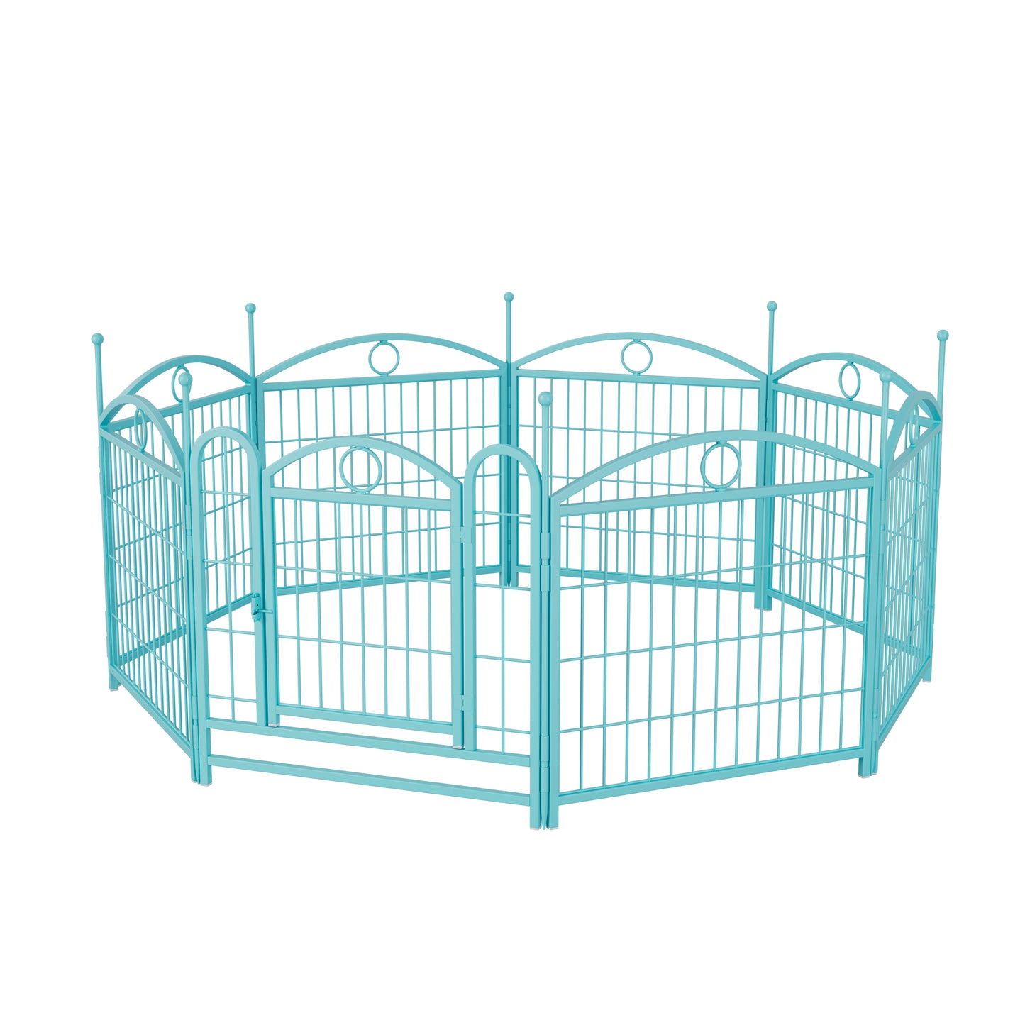 Turquoise metal playpen with decorative arches and finials featuring a hinged gate for easy access