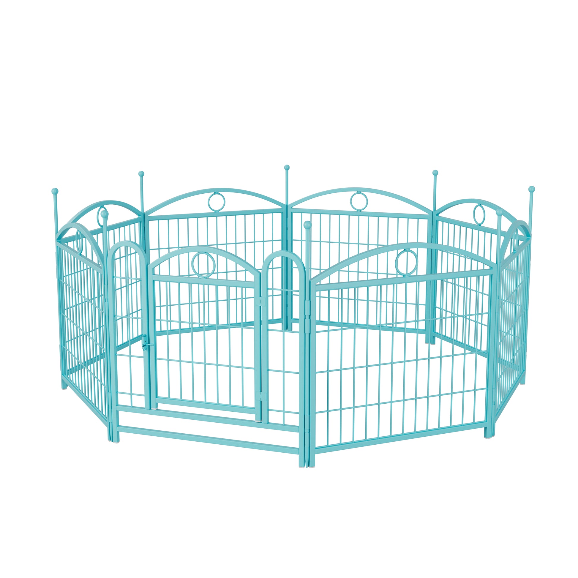 Turquoise metal playpen with decorative arches and finials featuring a hinged gate for easy access