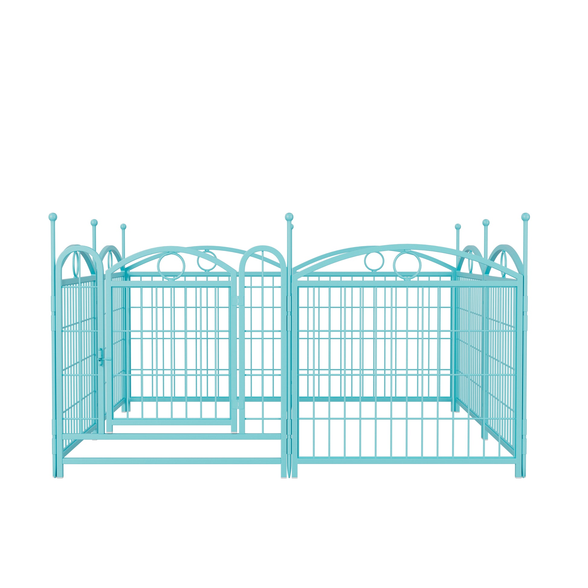 Turquoise metal dog playpen with decorative scrollwork and secure latch for small pets