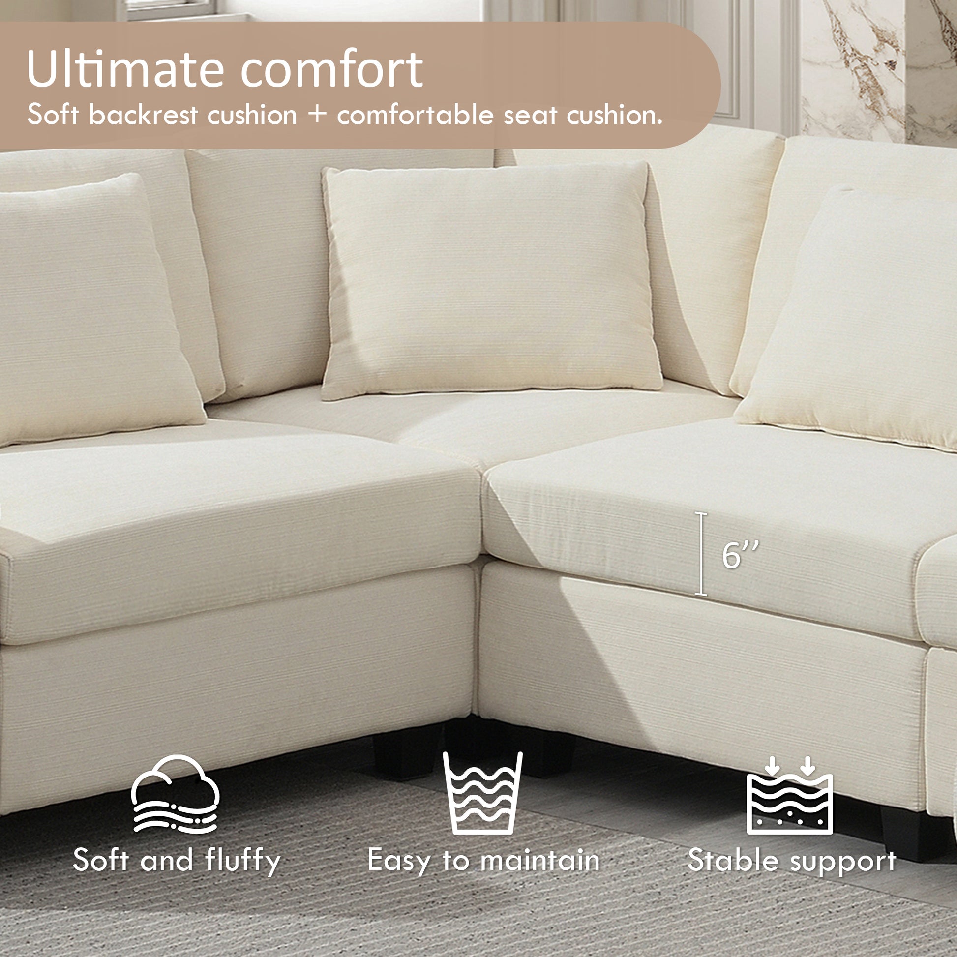 Cream linen sectional sofa with plush backrest and seat cushions for ultimate comfort
