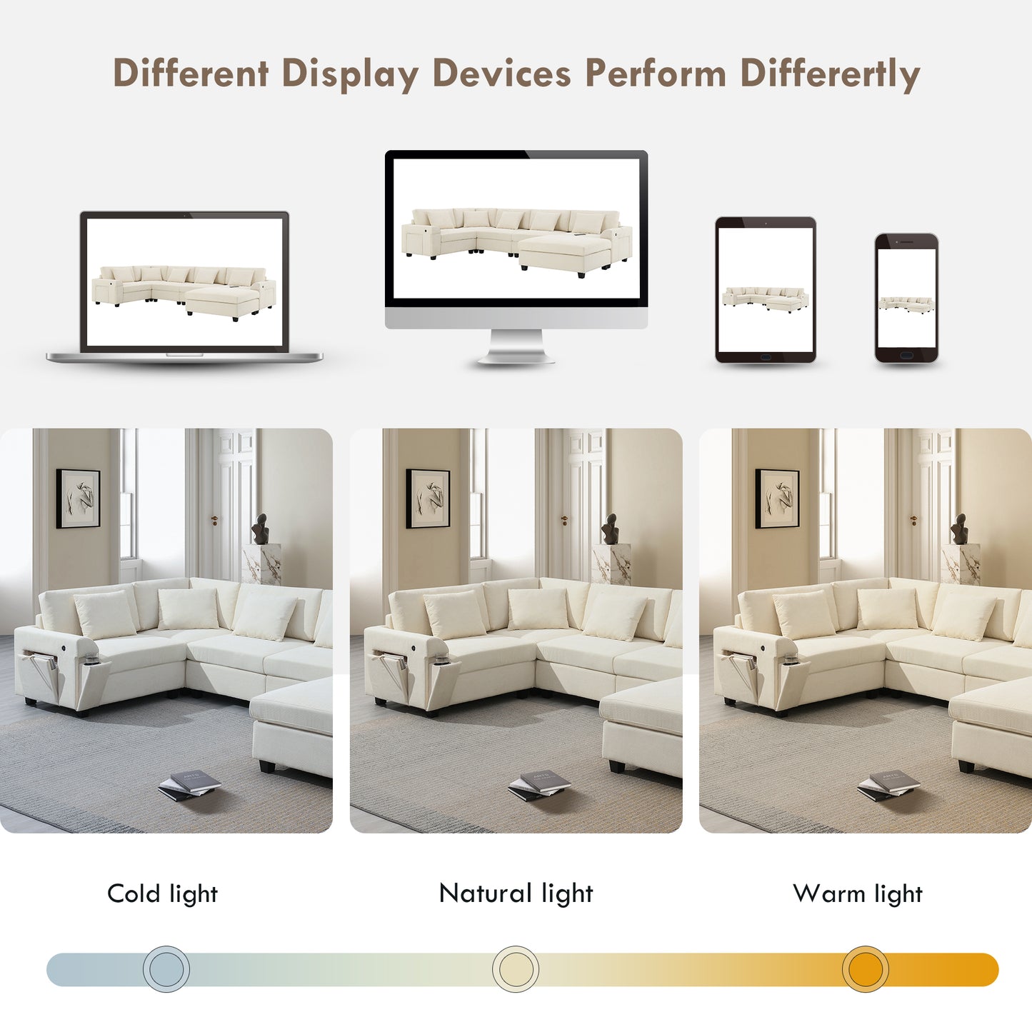 Cream modular sectional sofa with chaise displayed on a laptop screen
