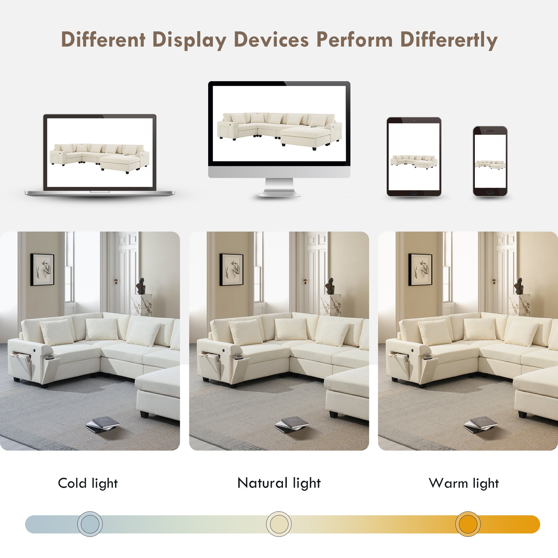 Cream modular sectional sofa with chaise displayed on a laptop screen