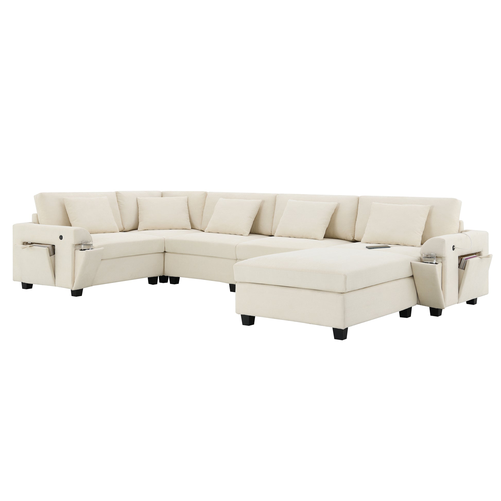 Cream fabric sectional sofa with storage arms and builtin cup holders