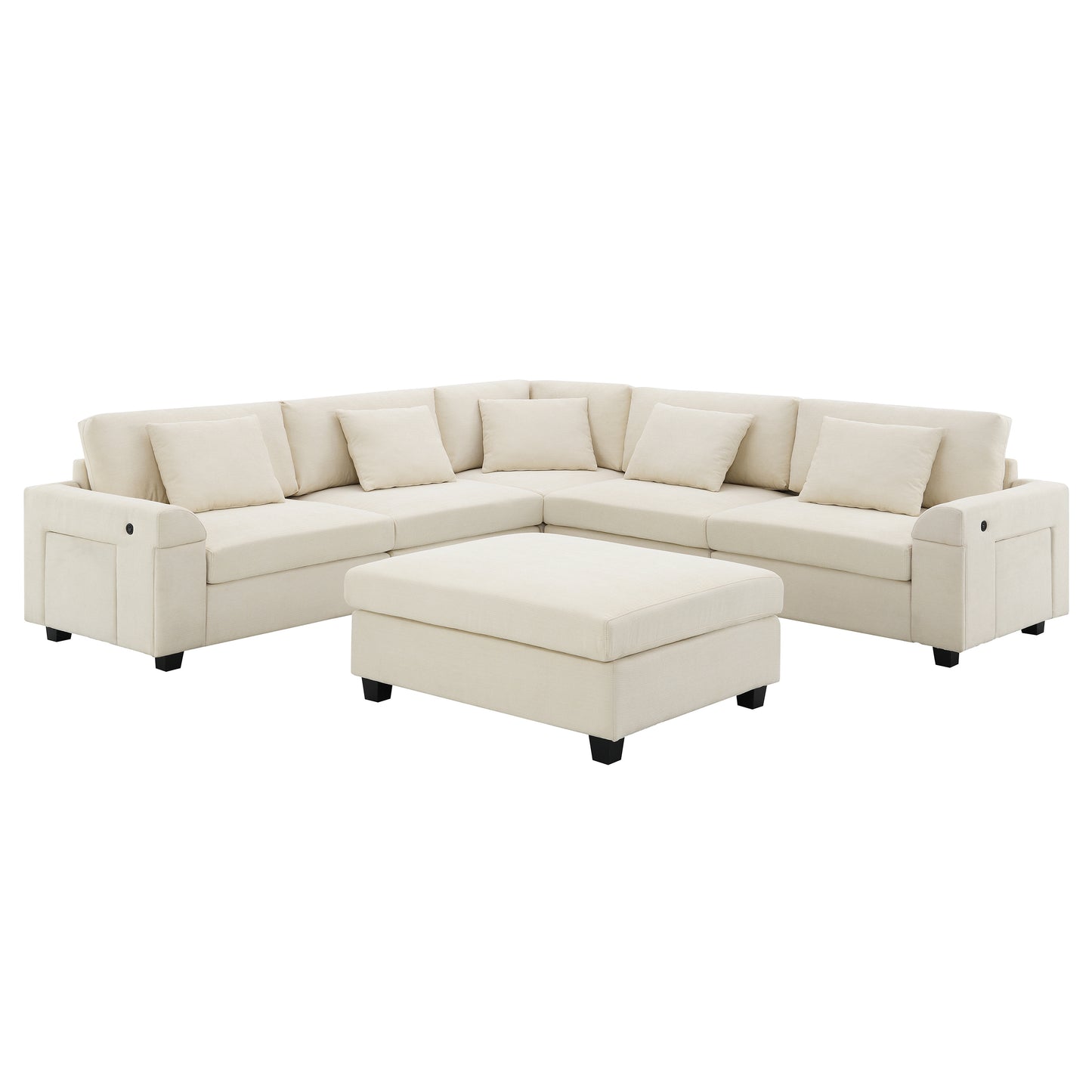 Cream fabric sectional sofa with matching ottoman and plush cushions