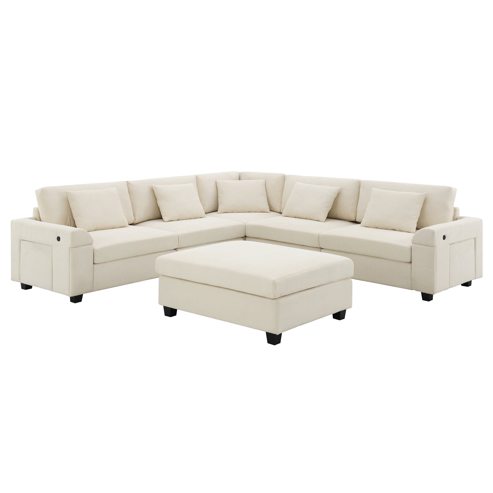 Cream fabric sectional sofa with matching ottoman and plush cushions