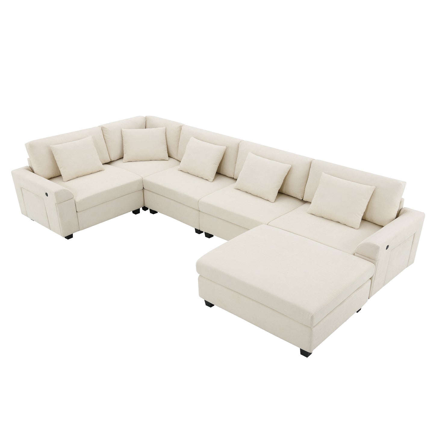 Beige upholstered sectional sofa with chaise and plush throw pillows