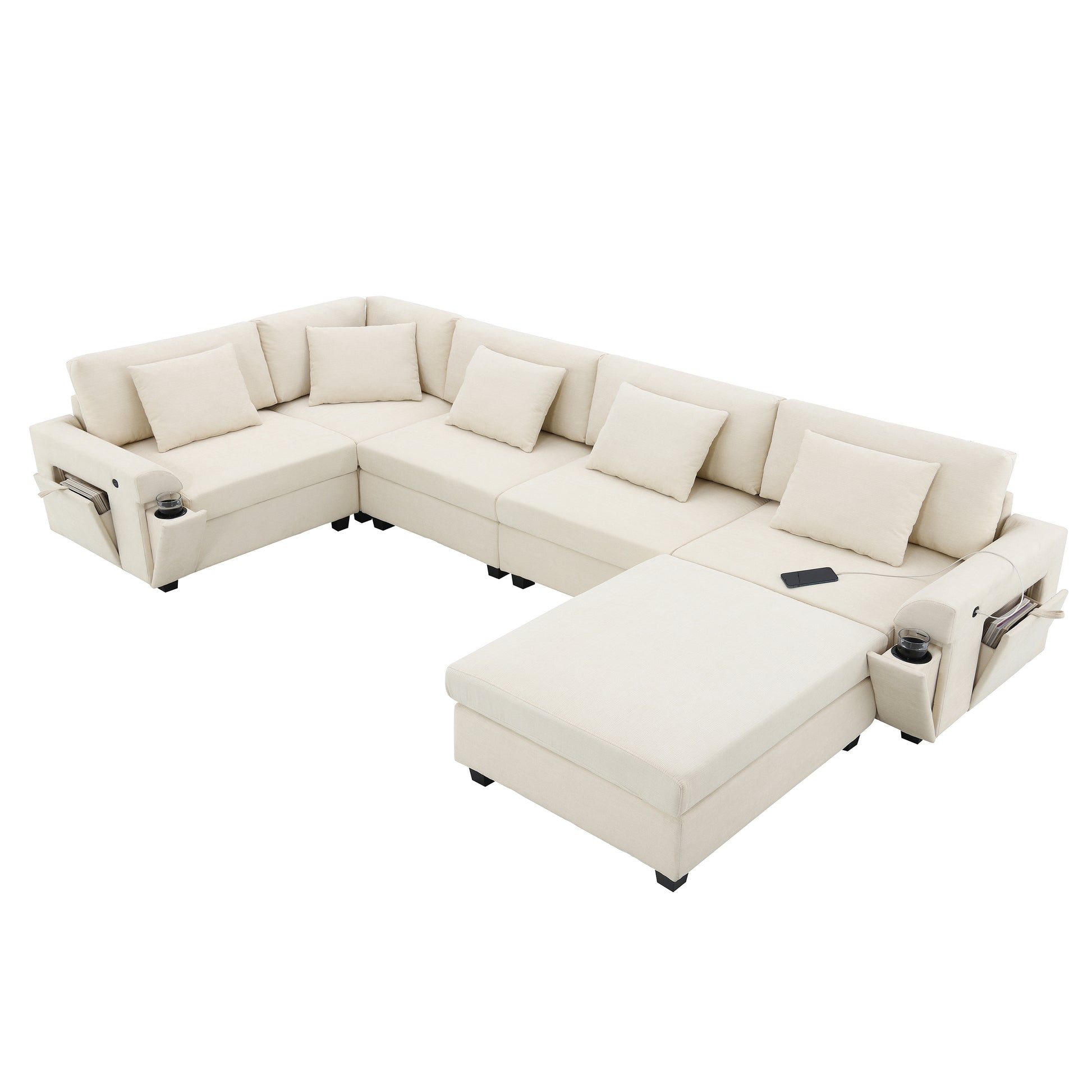 Cream linen sectional sofa with builtin cup holders and storage pockets for modern living