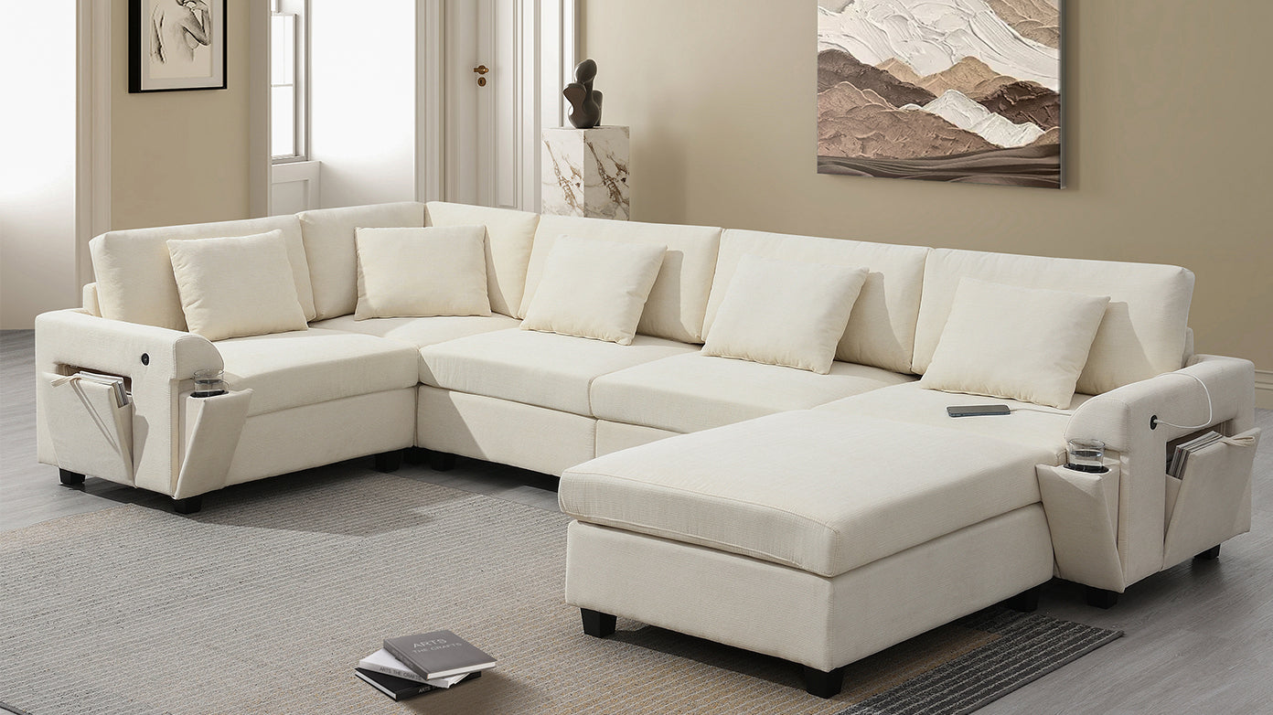 Cream sectional sofa with builtin side storage pockets and cup holders perfect for modern living rooms